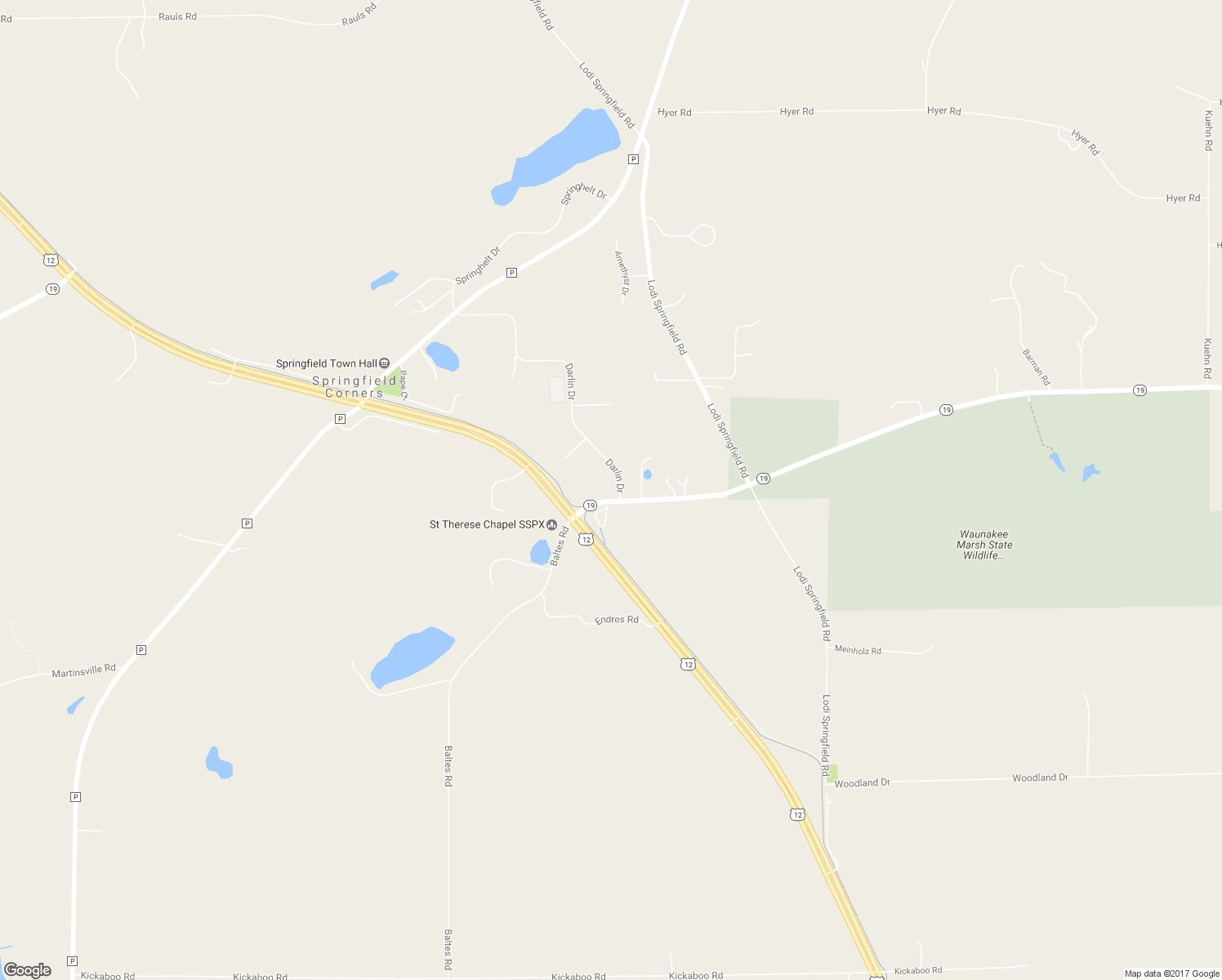 map of restaurants, bars, coffee shops, grocery stores, and more near 7282 Wisconsin 19 in Waunakee