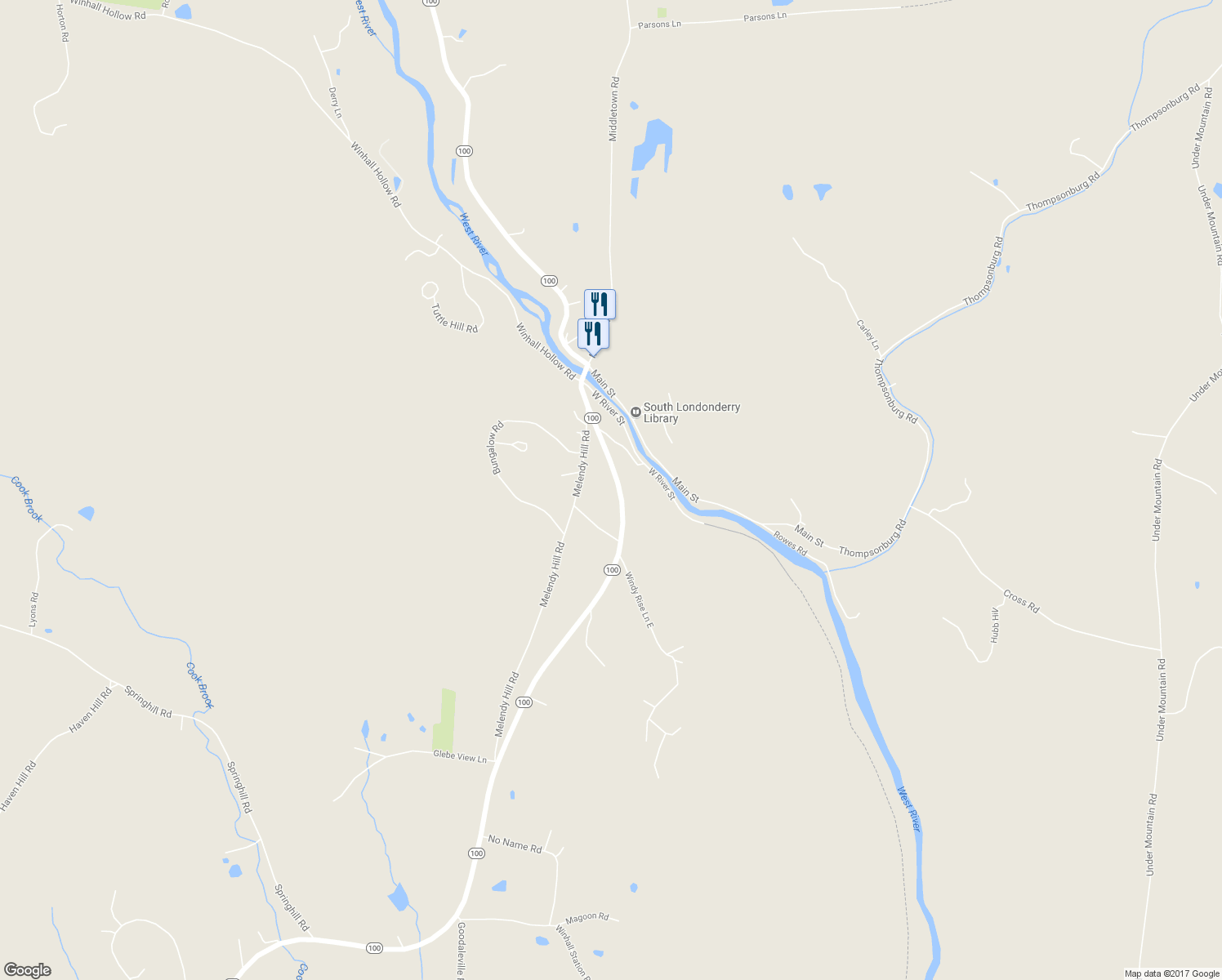 map of restaurants, bars, coffee shops, grocery stores, and more near 2665 Vermont 100 in Londonderry