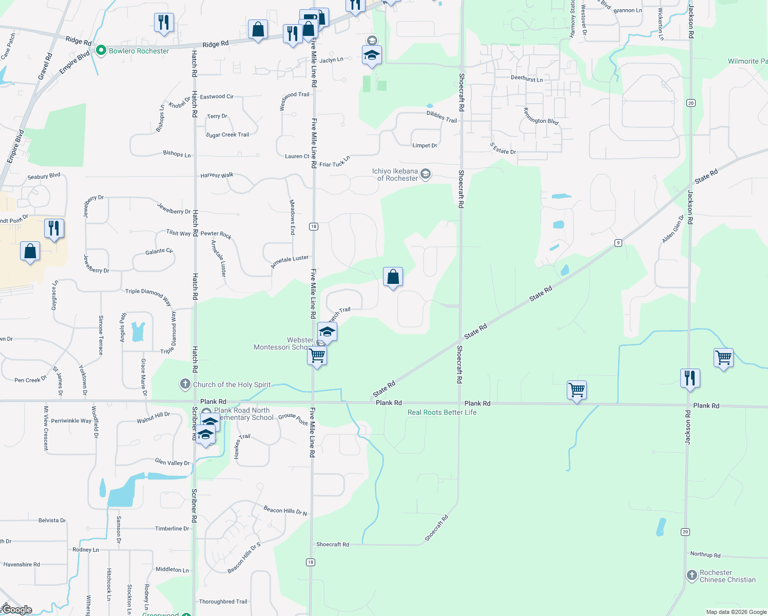map of restaurants, bars, coffee shops, grocery stores, and more near 87 Seawatch Trail in Webster