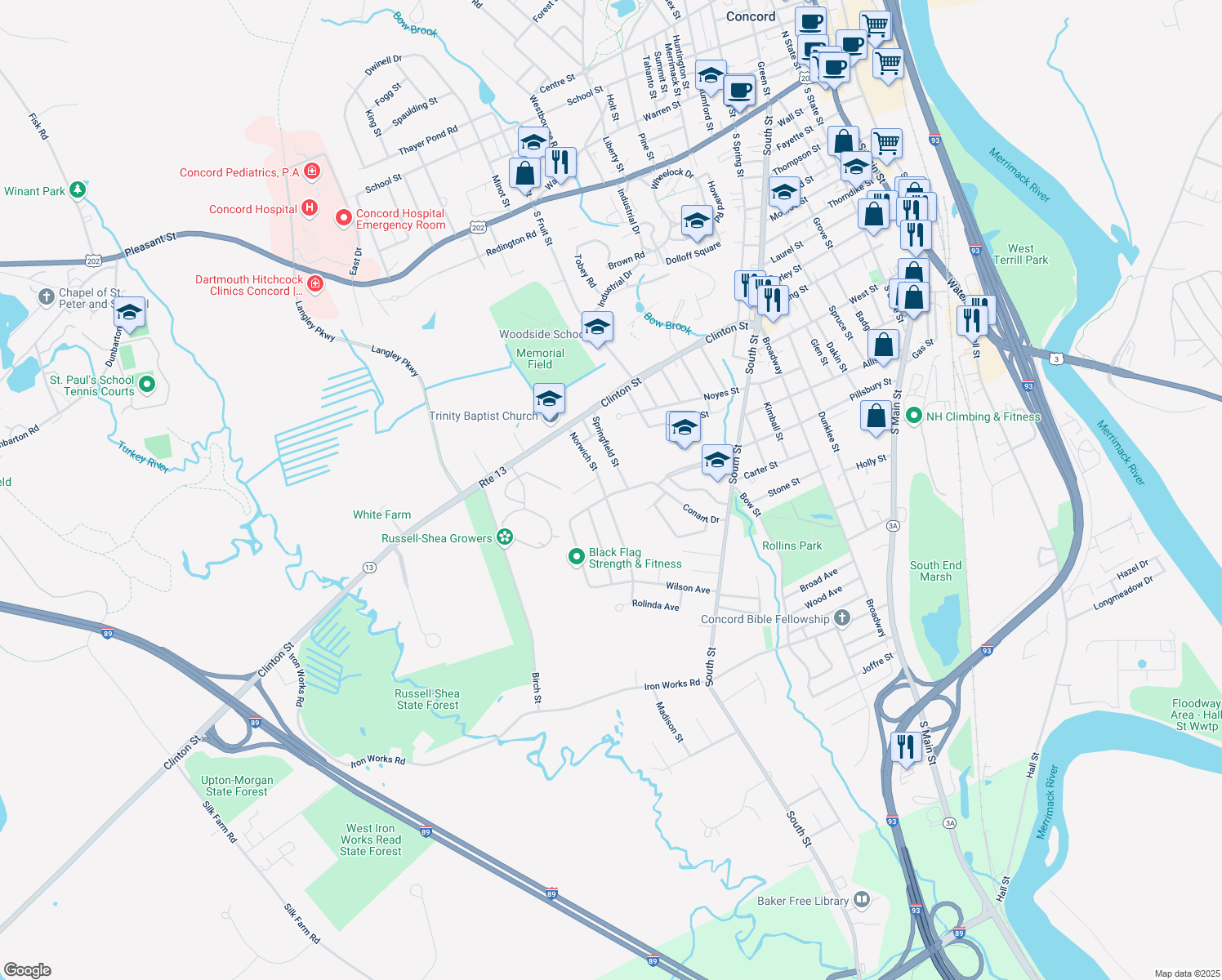 map of restaurants, bars, coffee shops, grocery stores, and more near 23 Norwich Street in Concord
