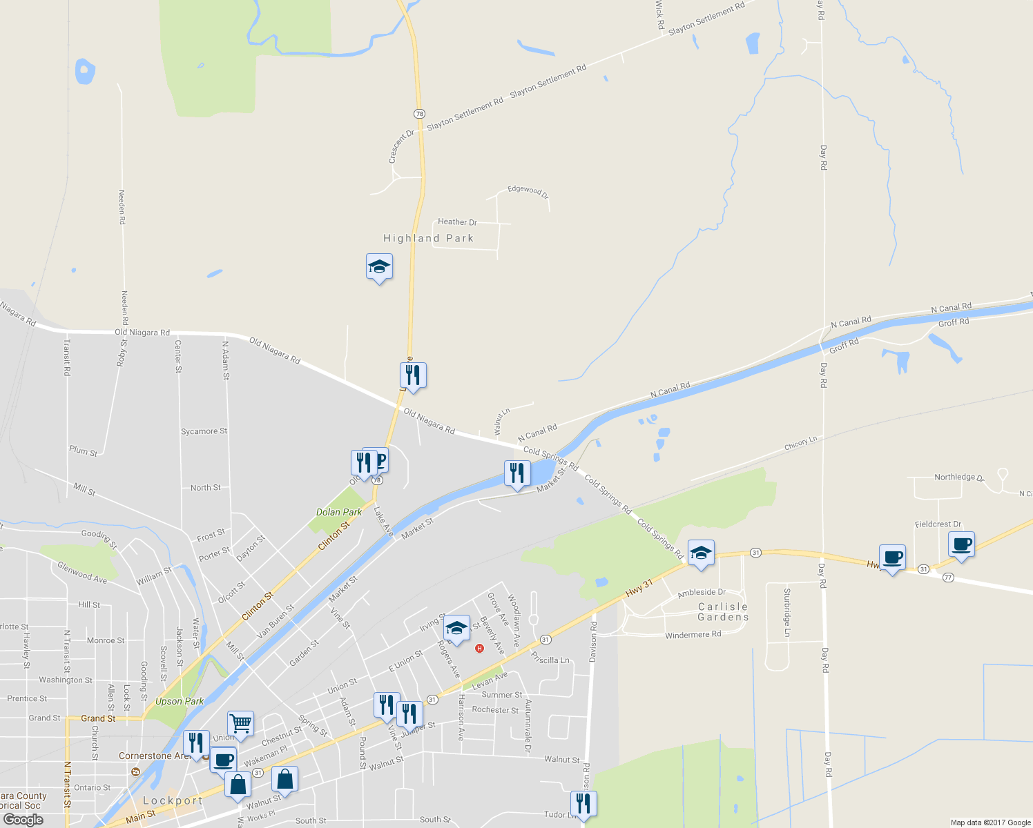 map of restaurants, bars, coffee shops, grocery stores, and more near 6622 Walnut Lane in Lockport