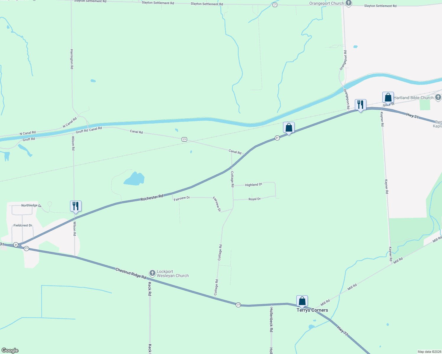 map of restaurants, bars, coffee shops, grocery stores, and more near 7564 Rochester Road in Gasport