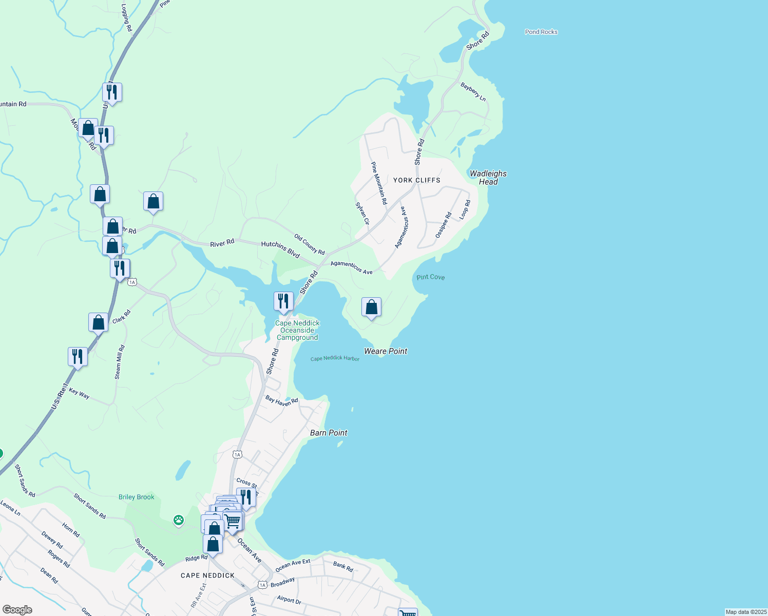 map of restaurants, bars, coffee shops, grocery stores, and more near 11 Pequanac Place in York