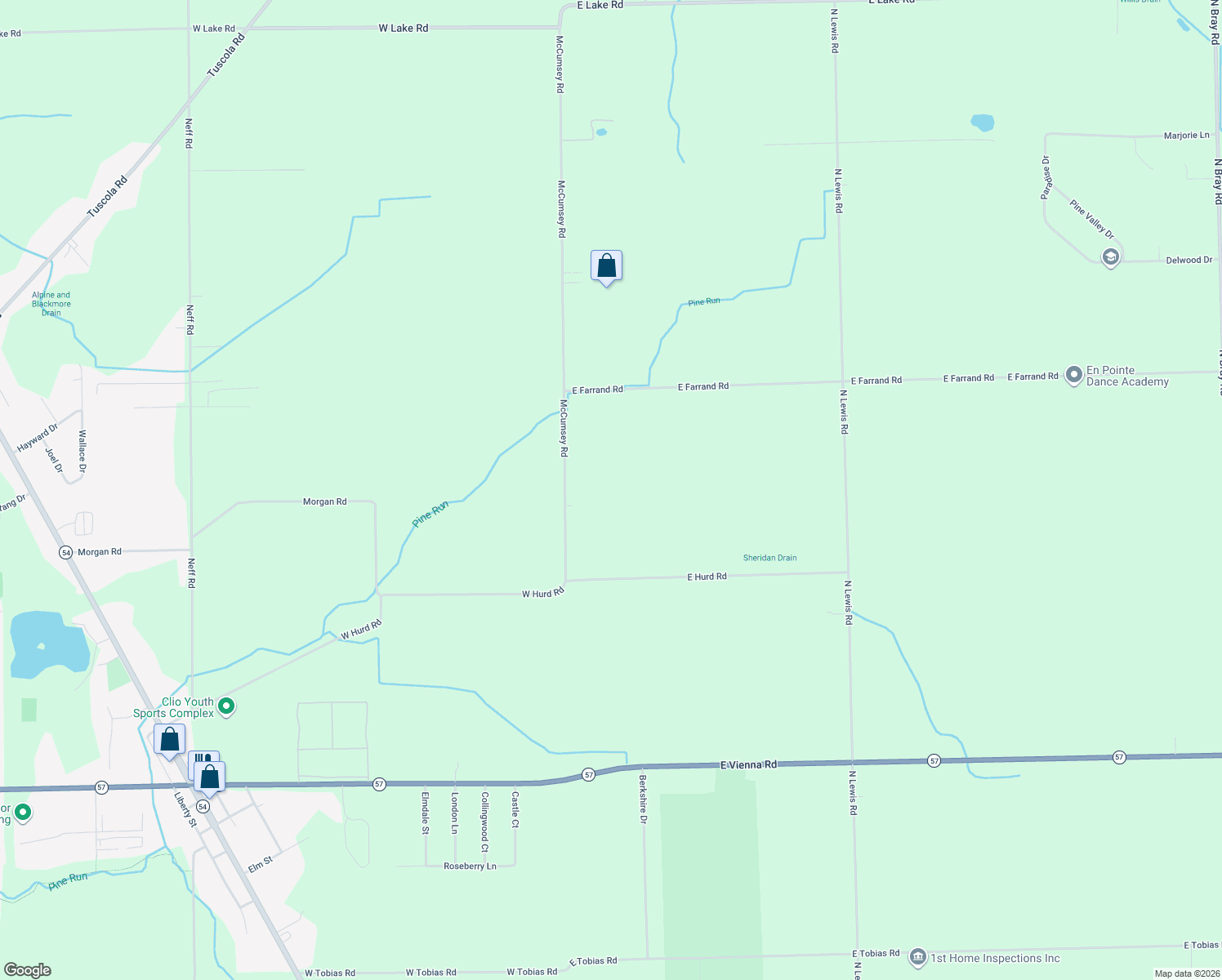 map of restaurants, bars, coffee shops, grocery stores, and more near 12402 McCumsey Road in Clio