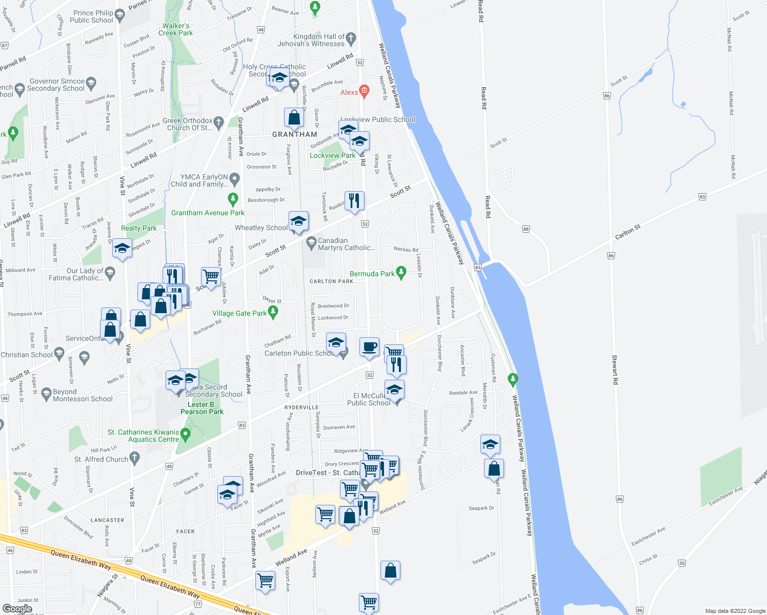map of restaurants, bars, coffee shops, grocery stores, and more near 60 Windward Street in St. Catharines