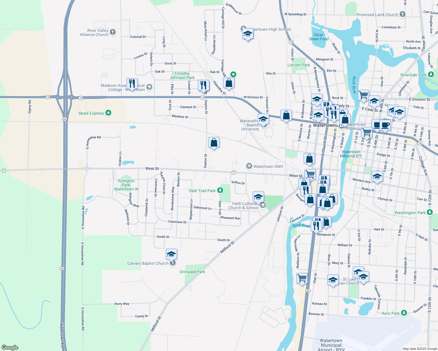 map of restaurants, bars, coffee shops, grocery stores, and more near 833 West Street in Watertown