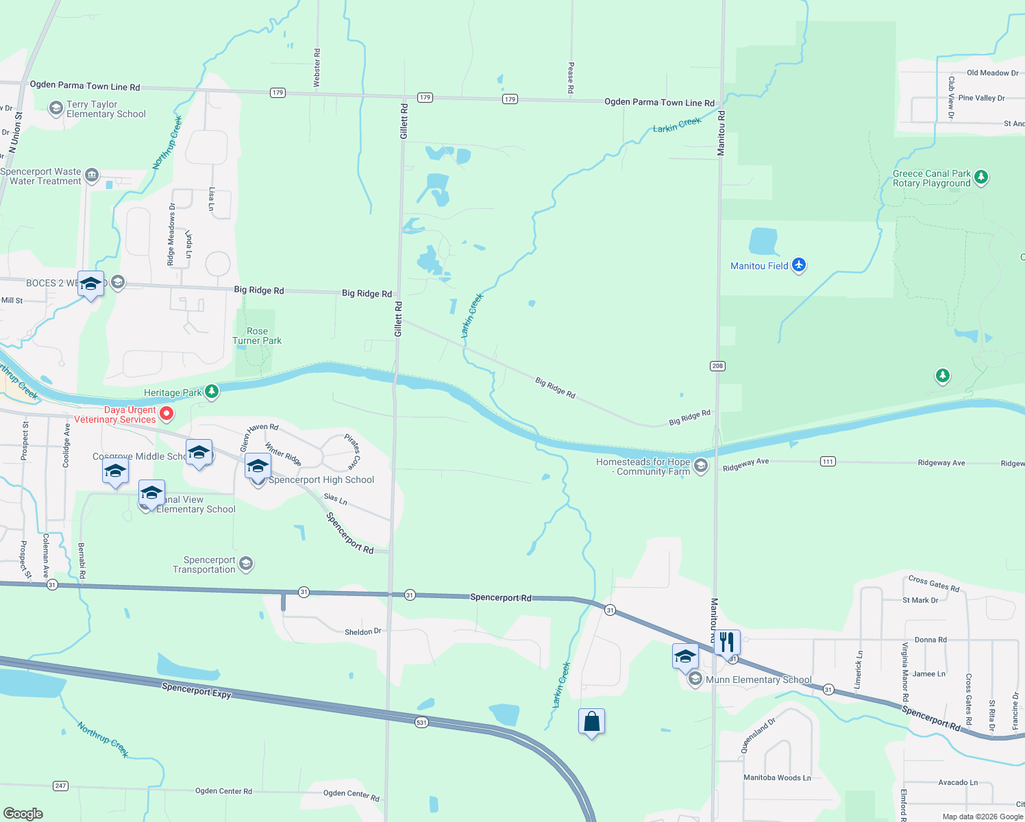 map of restaurants, bars, coffee shops, grocery stores, and more near 3326 Big Ridge Road in Spencerport