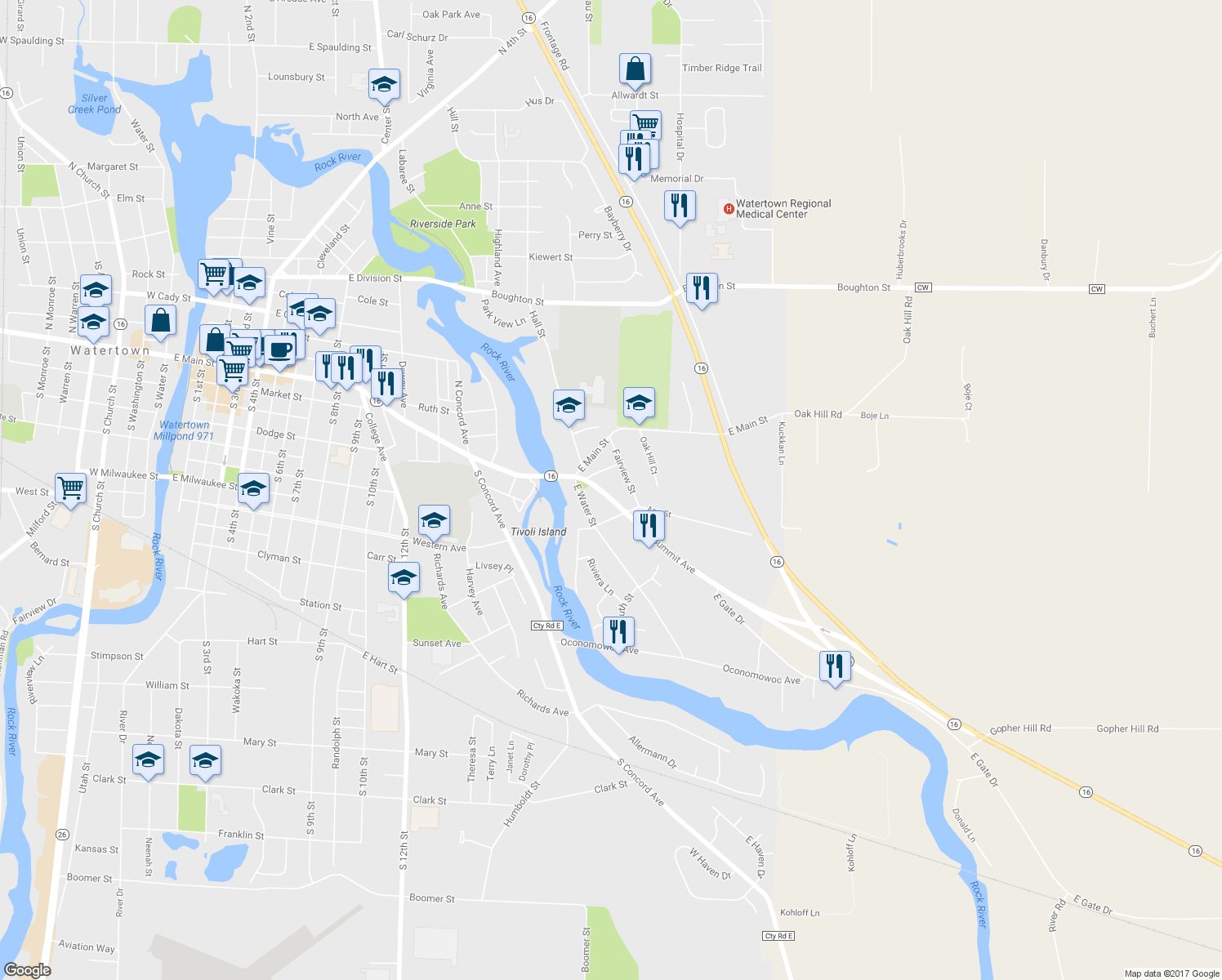 map of restaurants, bars, coffee shops, grocery stores, and more near 215 Summit Ave in Watertown