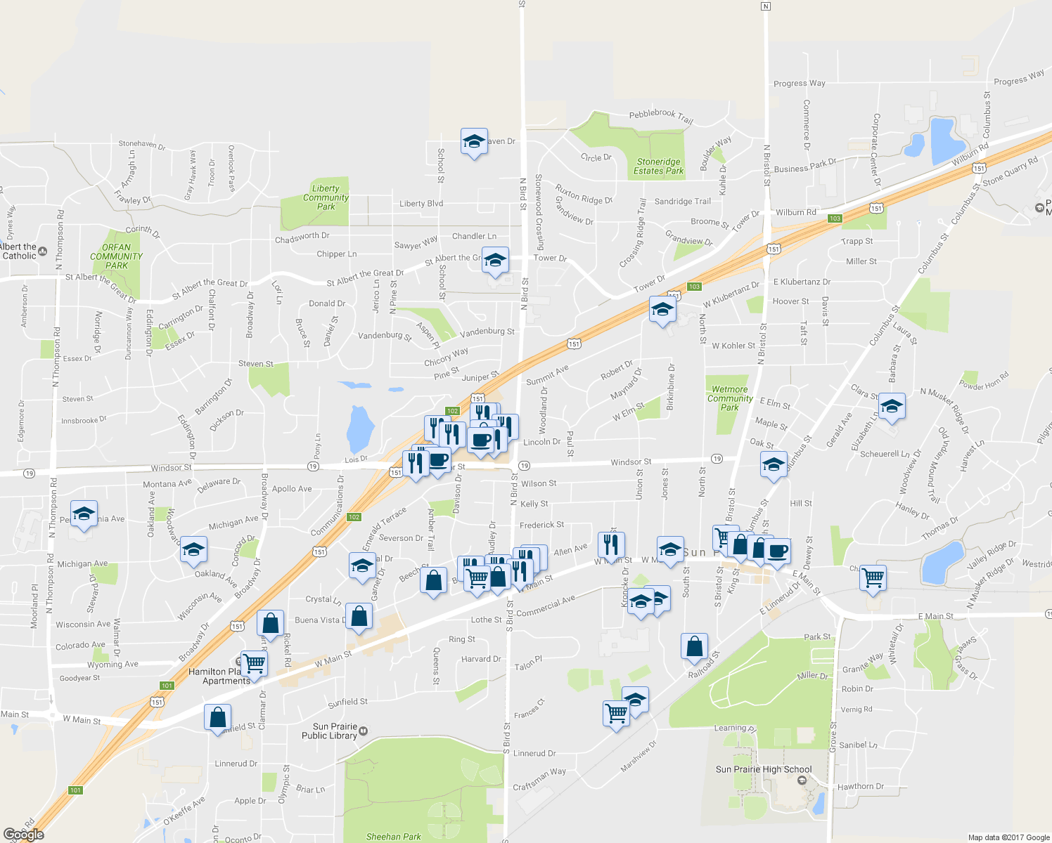 map of restaurants, bars, coffee shops, grocery stores, and more near 629 North Bird Street in Sun Prairie