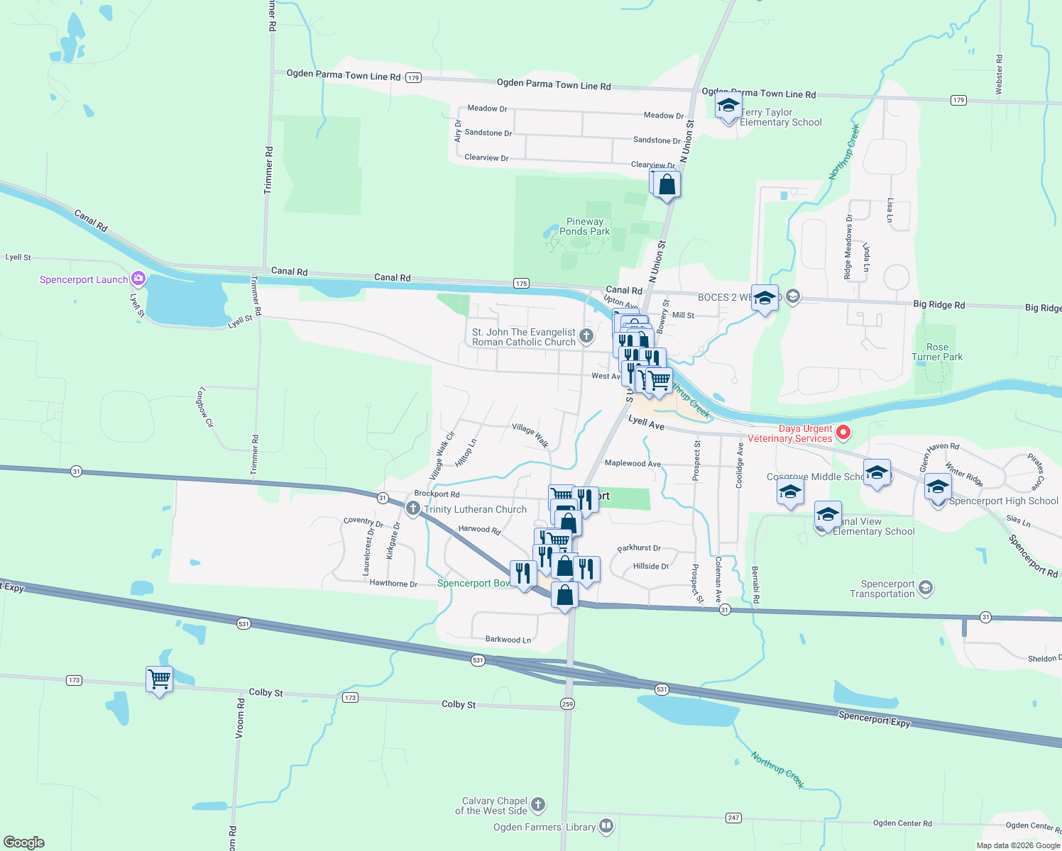 map of restaurants, bars, coffee shops, grocery stores, and more near 89 Highview Dr in Spencerport