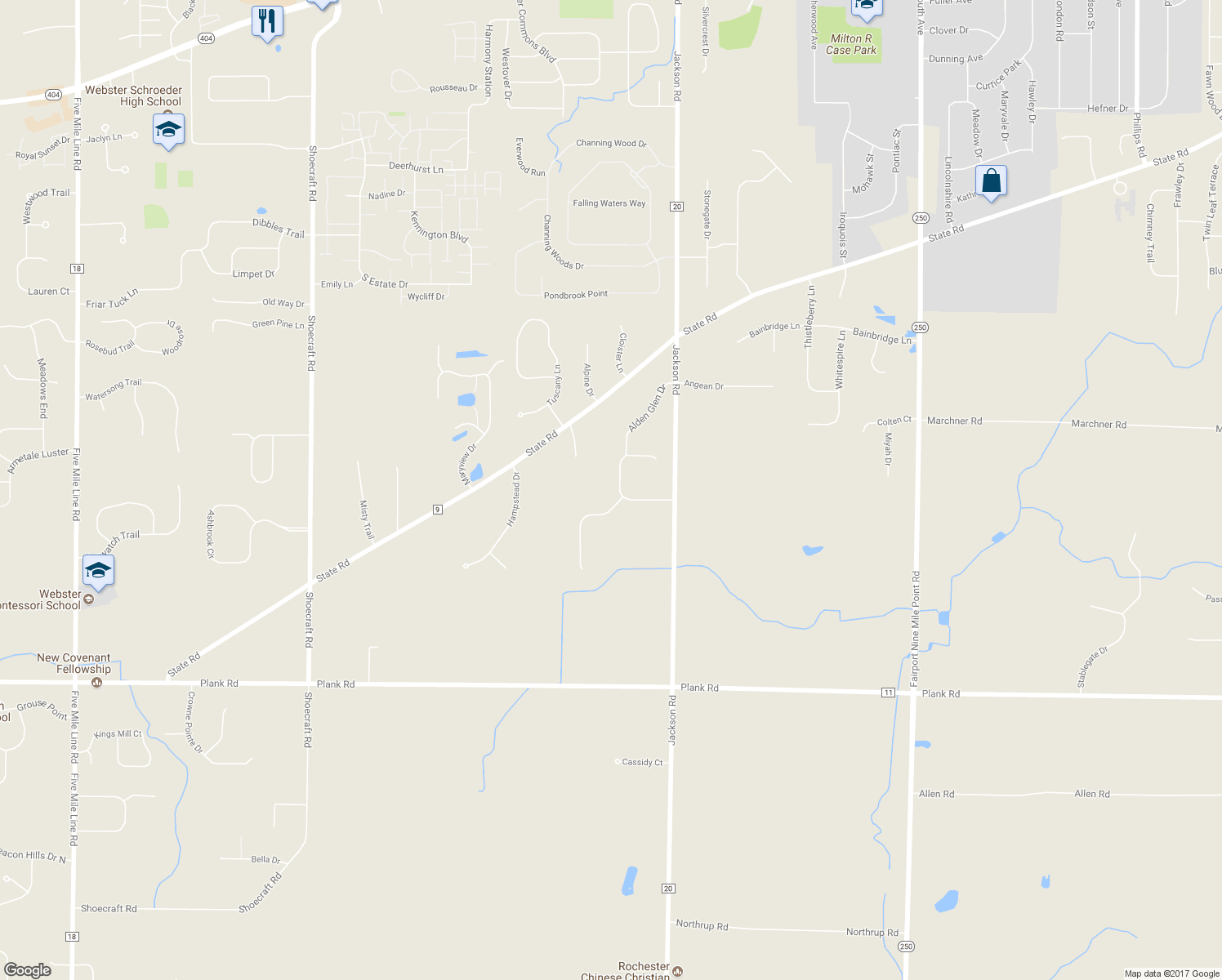 map of restaurants, bars, coffee shops, grocery stores, and more near 26 Alden Glen Drive in Webster