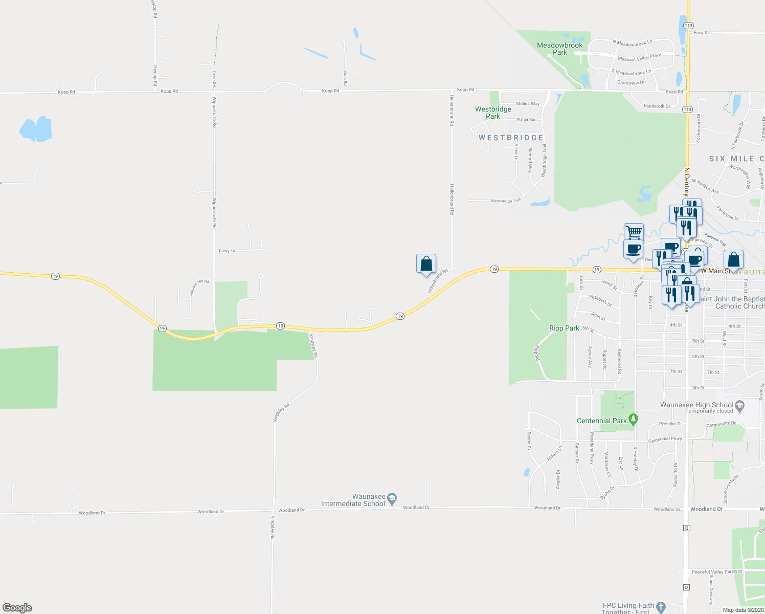 map of restaurants, bars, coffee shops, grocery stores, and more near 6426 Wisconsin 19 in Waunakee