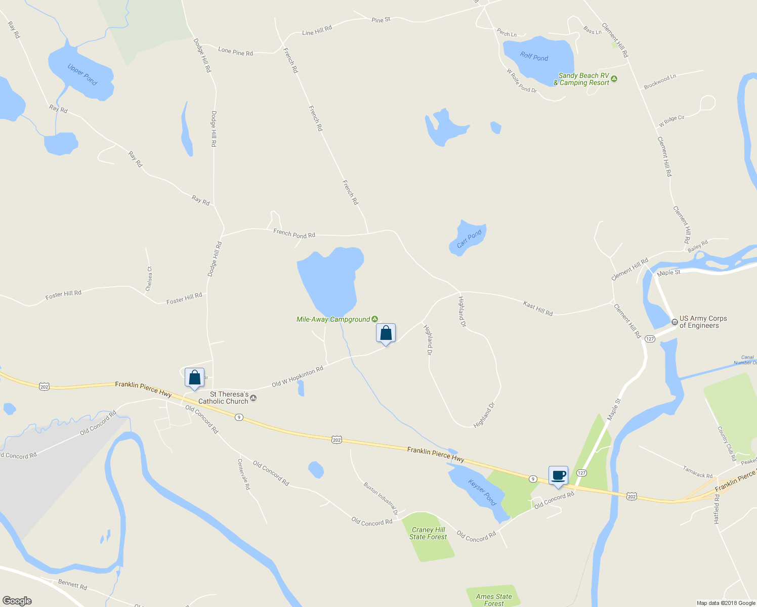 map of restaurants, bars, coffee shops, grocery stores, and more near 78 Eastside Drive in Henniker