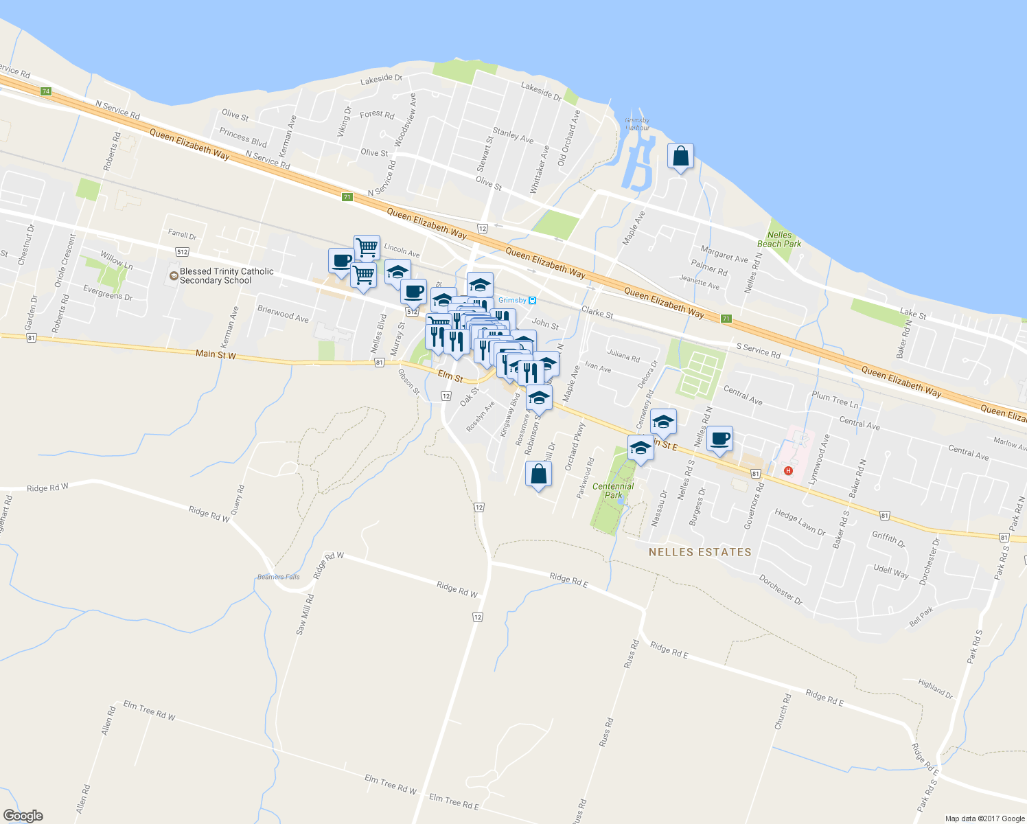map of restaurants, bars, coffee shops, grocery stores, and more near 11 Kingsway Boulevard in Grimsby