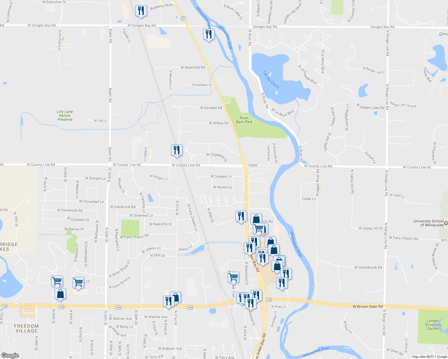 map of restaurants, bars, coffee shops, grocery stores, and more near 4595 West Donges Lane in Brown Deer