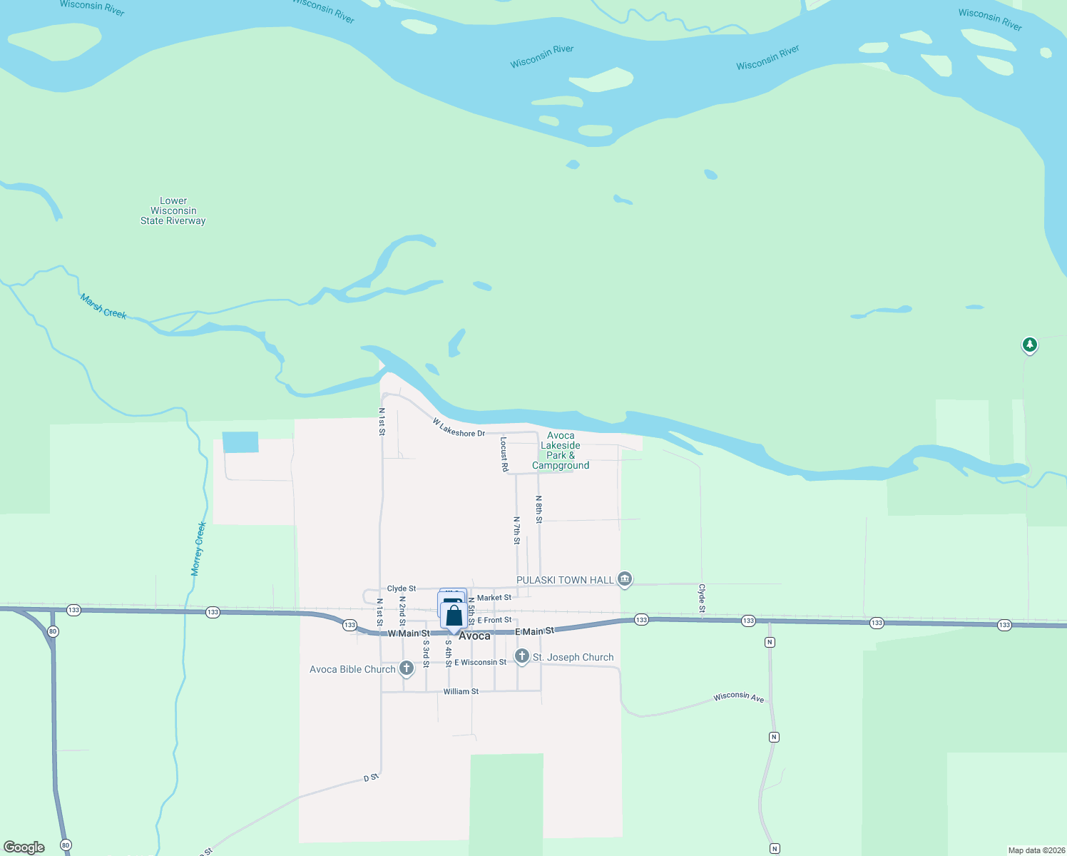 map of restaurants, bars, coffee shops, grocery stores, and more near 710 West Lakeshore Drive in Avoca