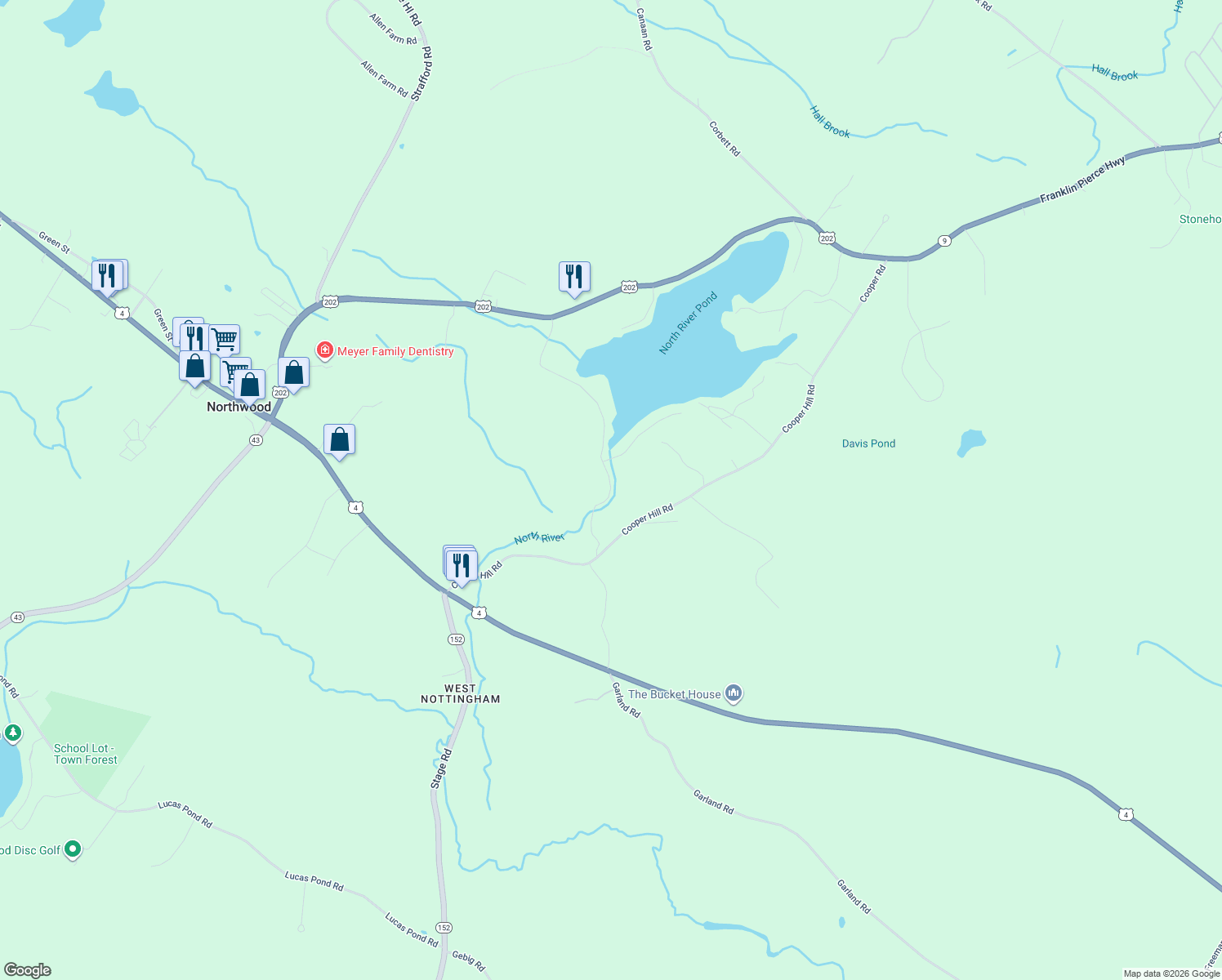 map of restaurants, bars, coffee shops, grocery stores, and more near 18 North River Lake Road in Nottingham