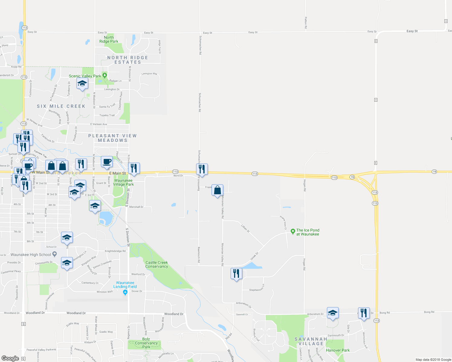 map of restaurants, bars, coffee shops, grocery stores, and more near 251 Progress Way in Waunakee