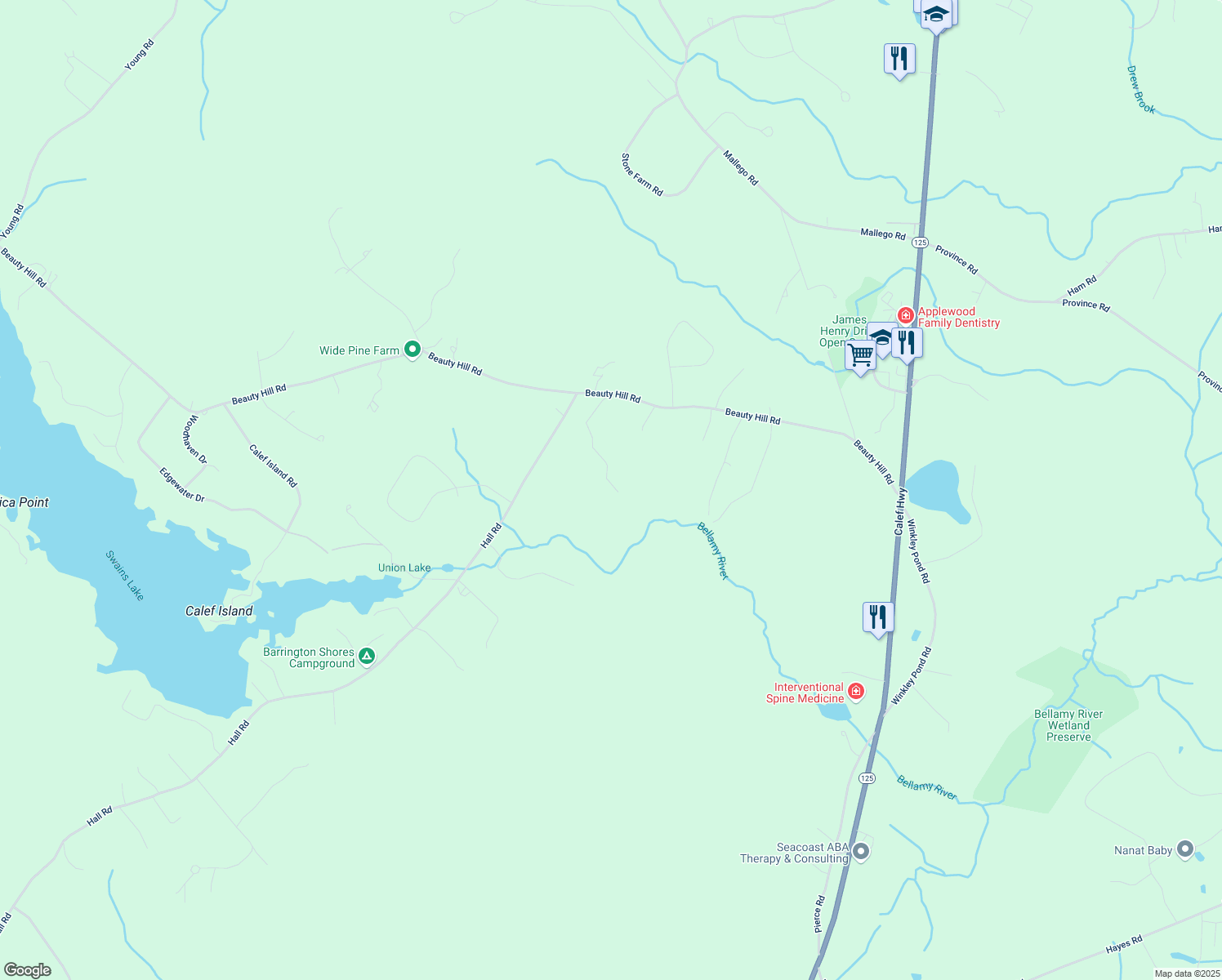 map of restaurants, bars, coffee shops, grocery stores, and more near 48 Serenity Way in Barrington