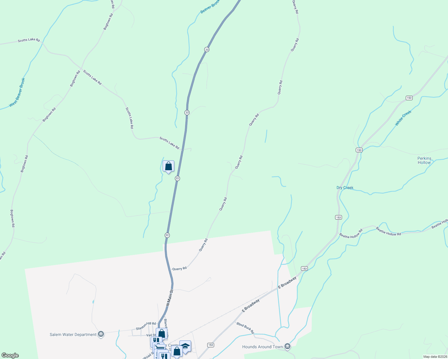 map of restaurants, bars, coffee shops, grocery stores, and more near 187 Quarry Road in Salem