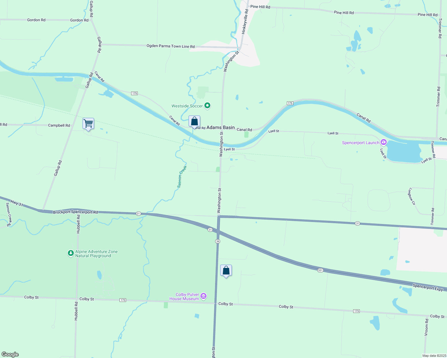 map of restaurants, bars, coffee shops, grocery stores, and more near 496 Washington St in Spencerport