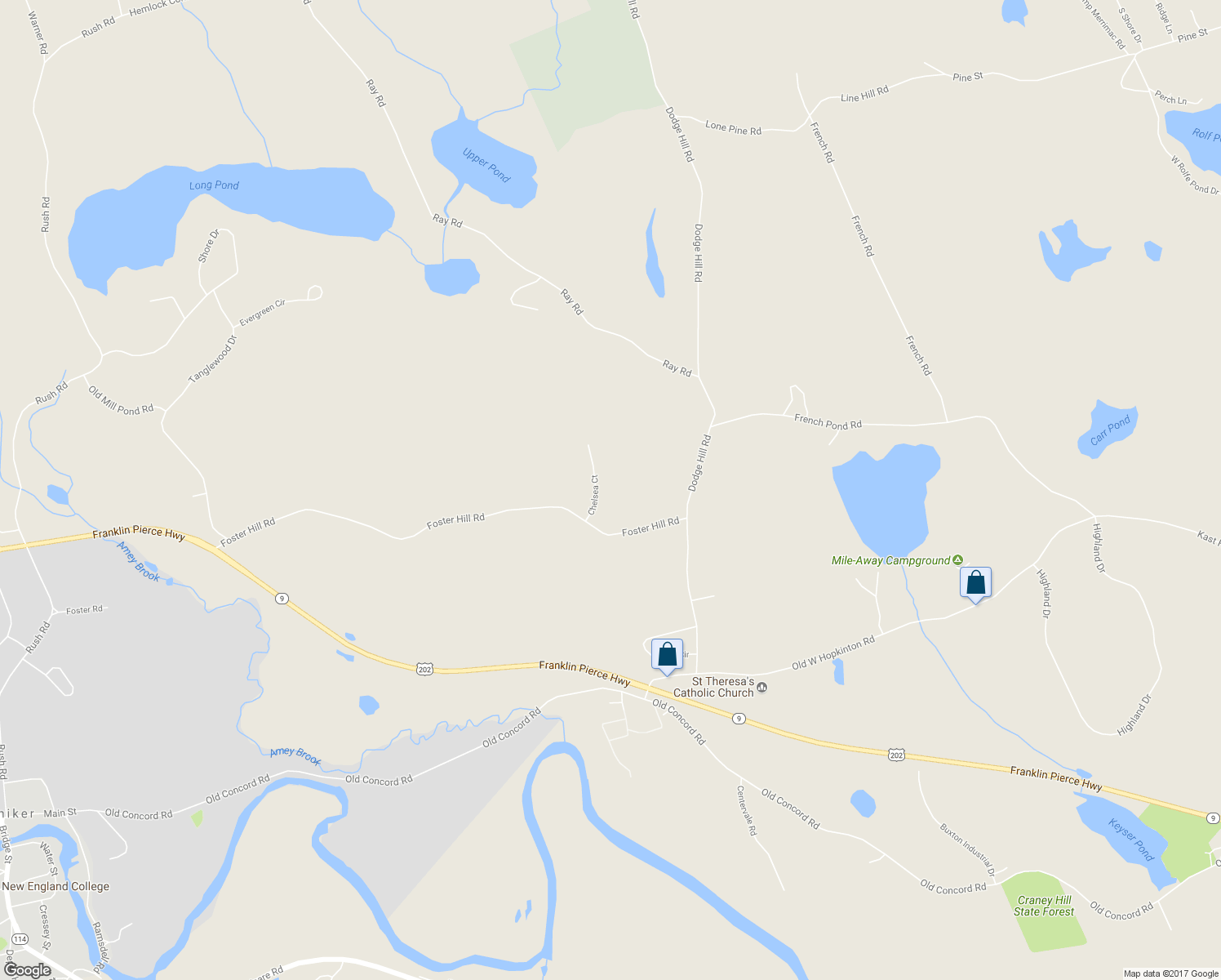 map of restaurants, bars, coffee shops, grocery stores, and more near 40 Chelsea Court in Henniker