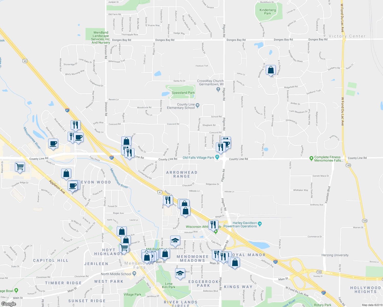 map of restaurants, bars, coffee shops, grocery stores, and more near W160N9636 Colonial Drive in Germantown
