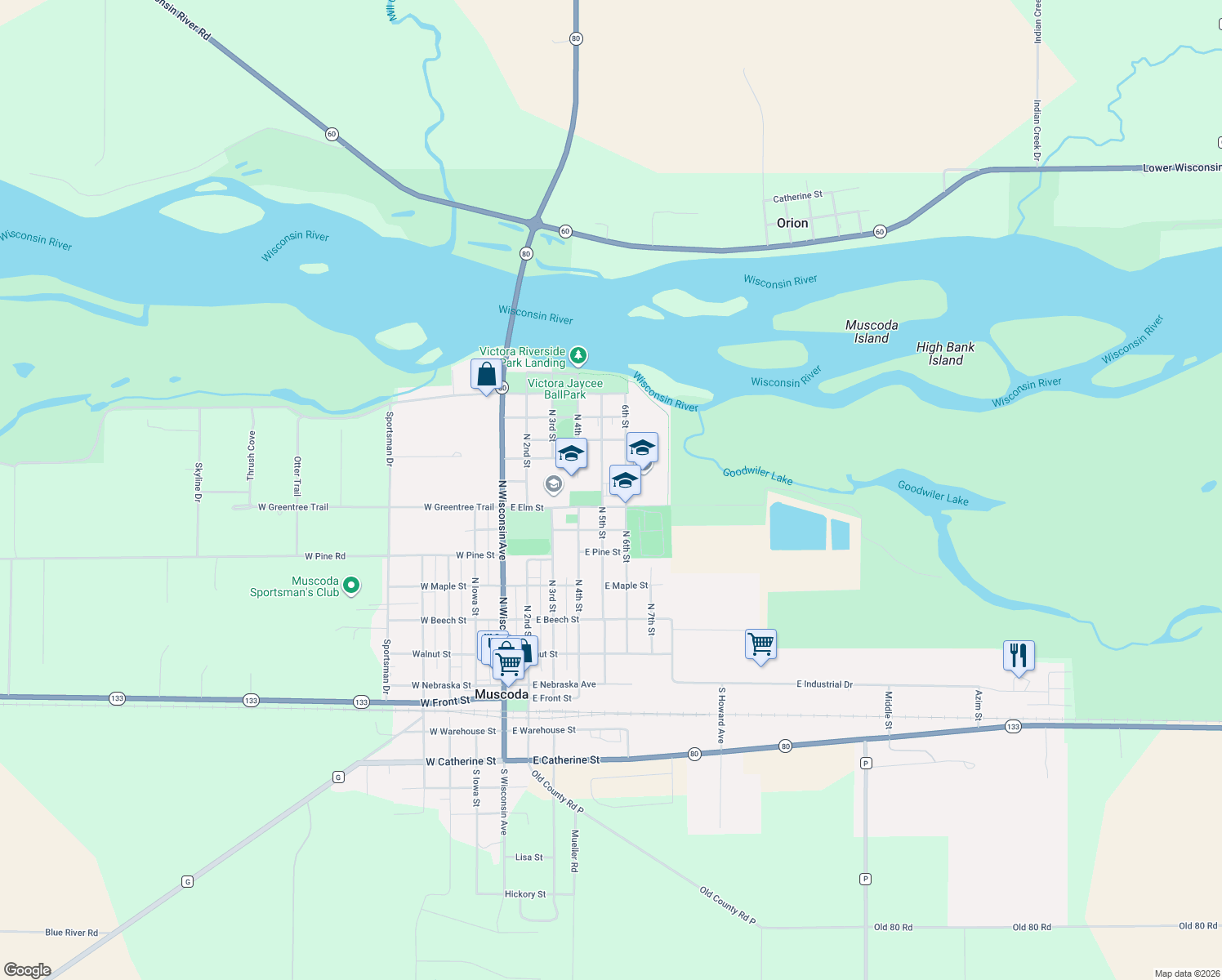 map of restaurants, bars, coffee shops, grocery stores, and more near 808 North 5th Street in Muscoda
