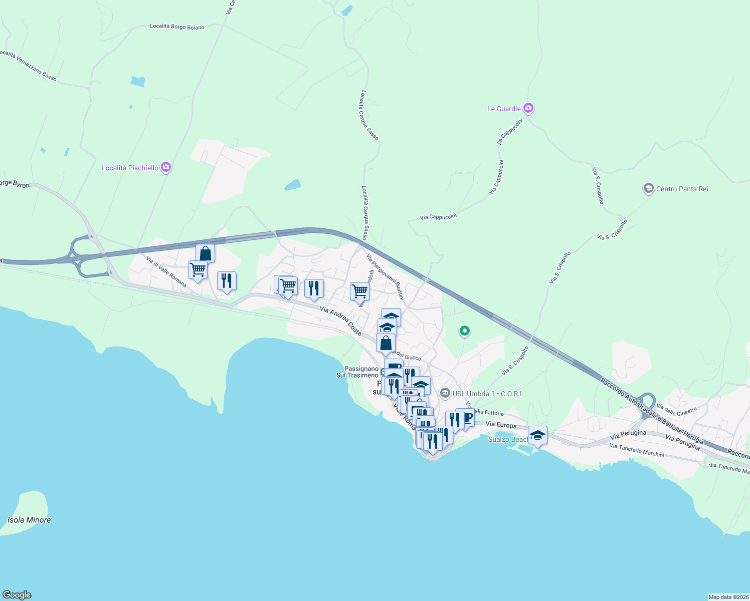 map of restaurants, bars, coffee shops, grocery stores, and more near 6 Via Mario Lucertini in Passignano sul Trasimeno