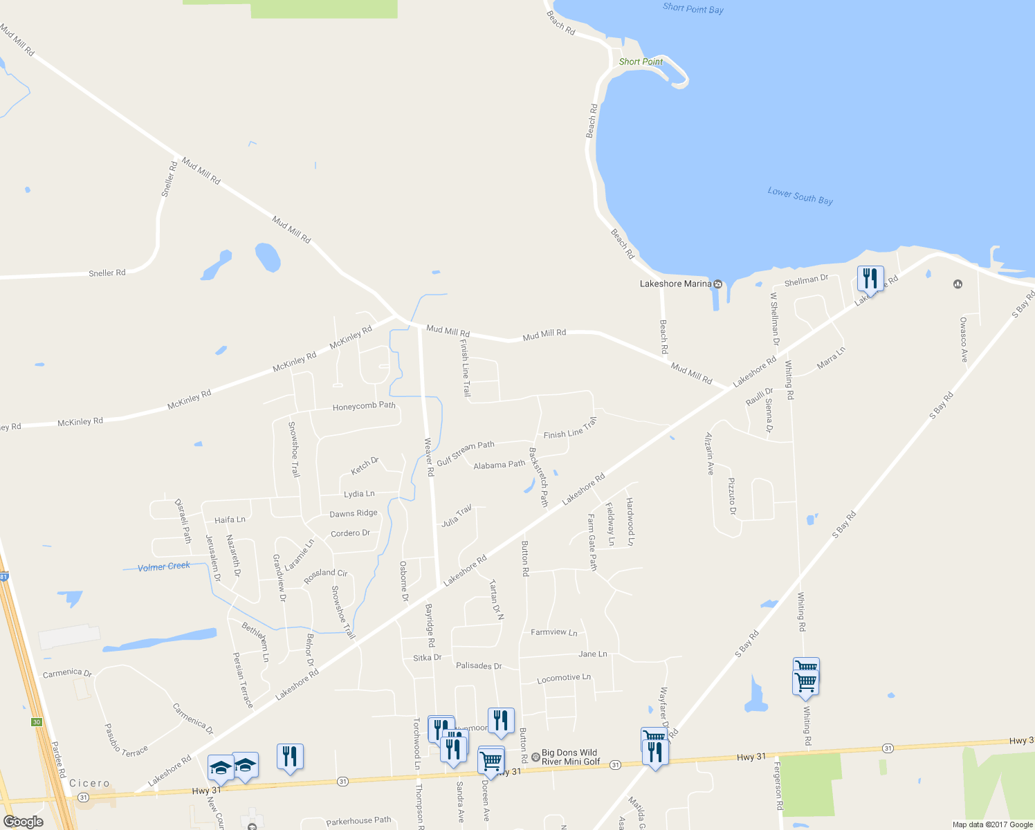 map of restaurants, bars, coffee shops, grocery stores, and more near 6380 Finish Line Trail in Brewerton