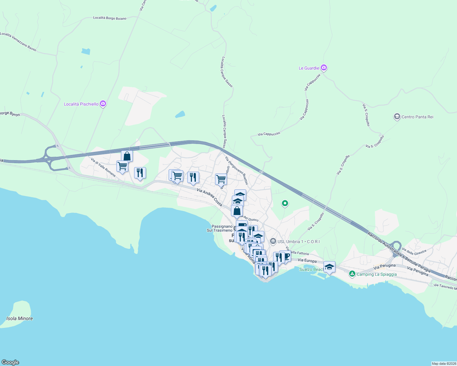 map of restaurants, bars, coffee shops, grocery stores, and more near 6 Via M. Lucertini in Passignano Sul Trasimeno