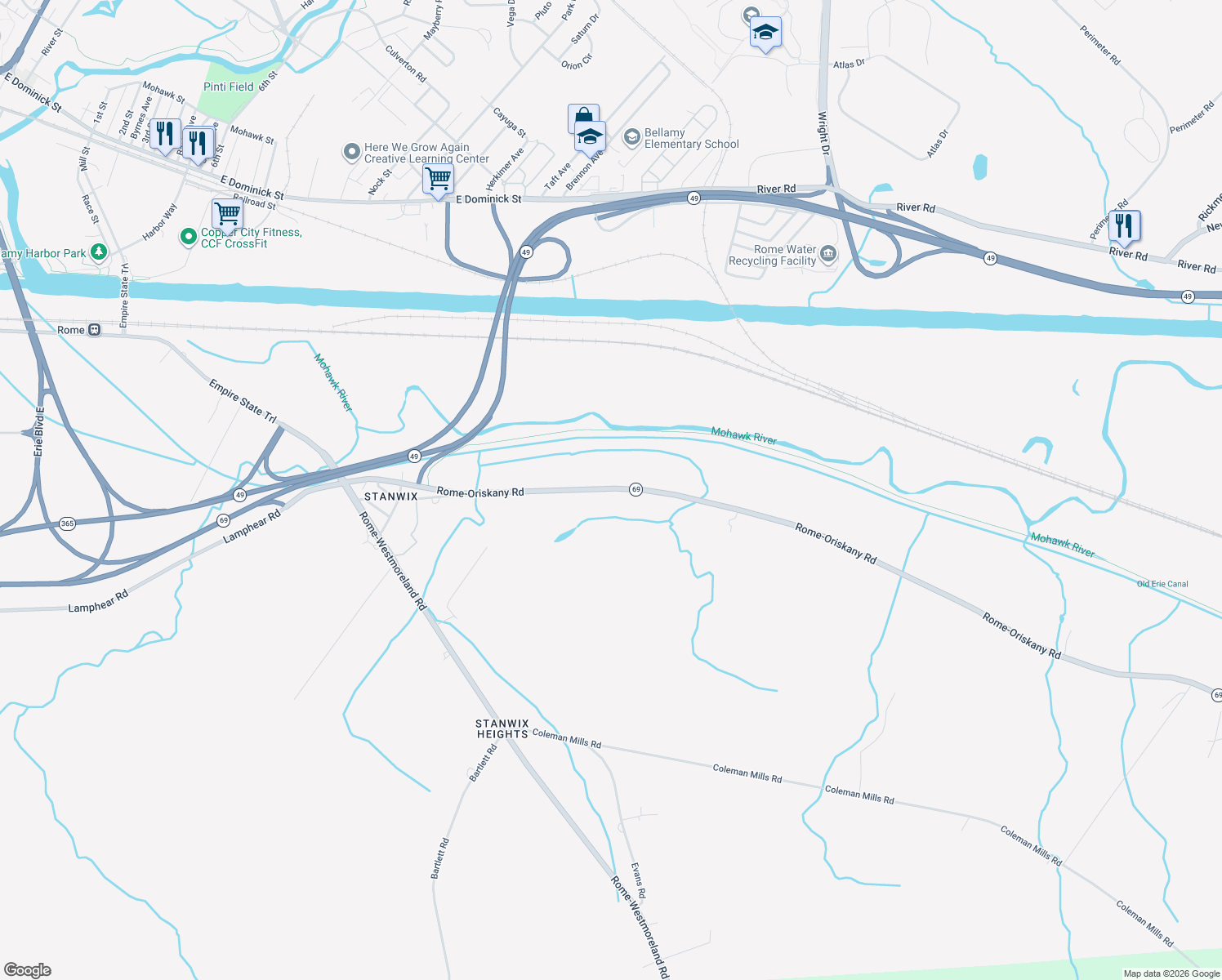 map of restaurants, bars, coffee shops, grocery stores, and more near 7011 Rome-Oriskany Road in Rome