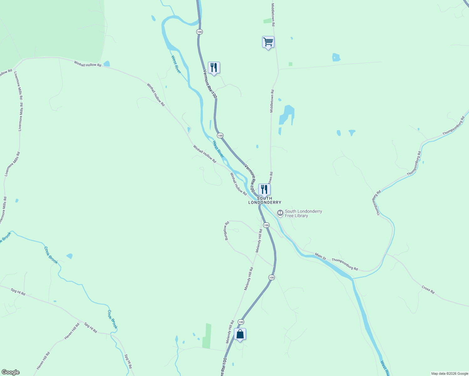 map of restaurants, bars, coffee shops, grocery stores, and more near 3356 Winhall Hollow Road in Londonderry
