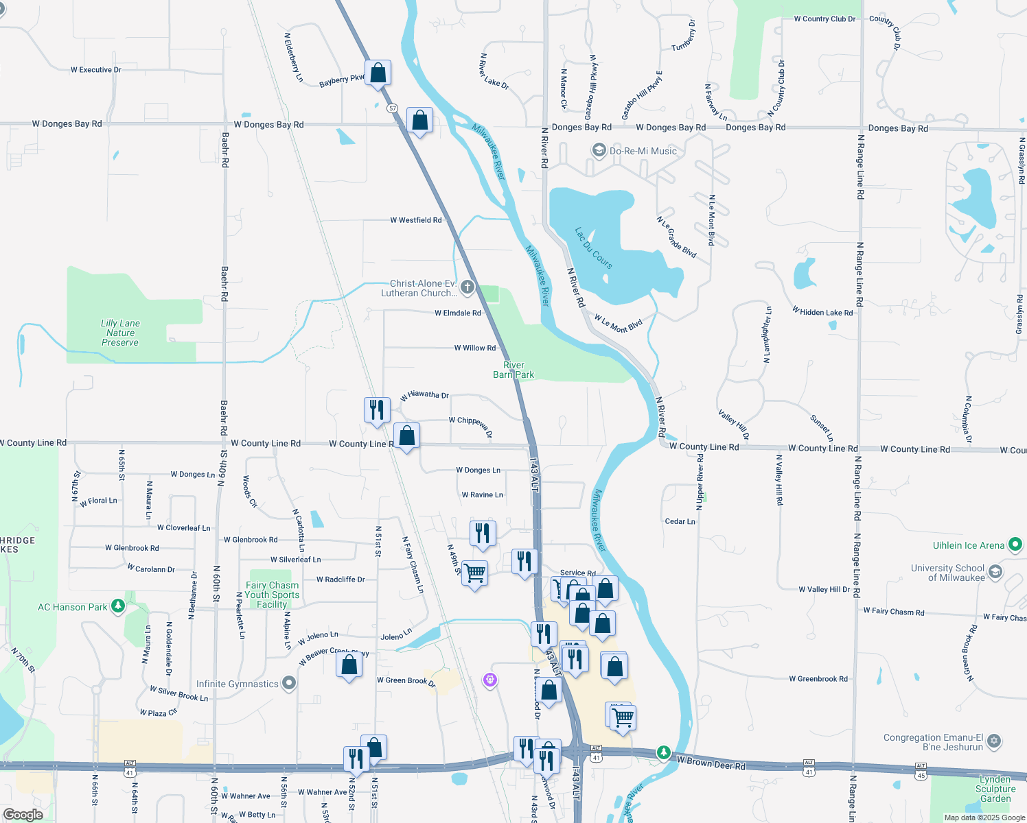 map of restaurants, bars, coffee shops, grocery stores, and more near 9705 North Cedarburg Road in Mequon