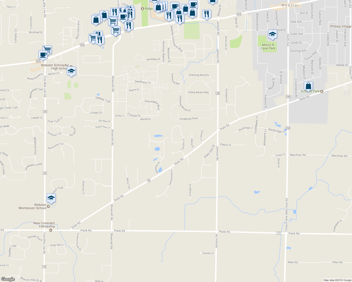 map of restaurants, bars, coffee shops, grocery stores, and more near 134 Tuscany Lane in Webster