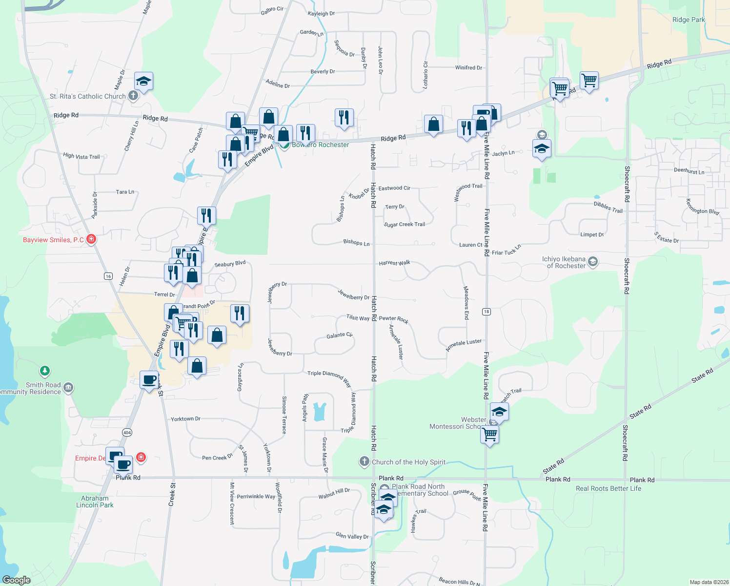 map of restaurants, bars, coffee shops, grocery stores, and more near 3 Jewelberry Dr in Webster