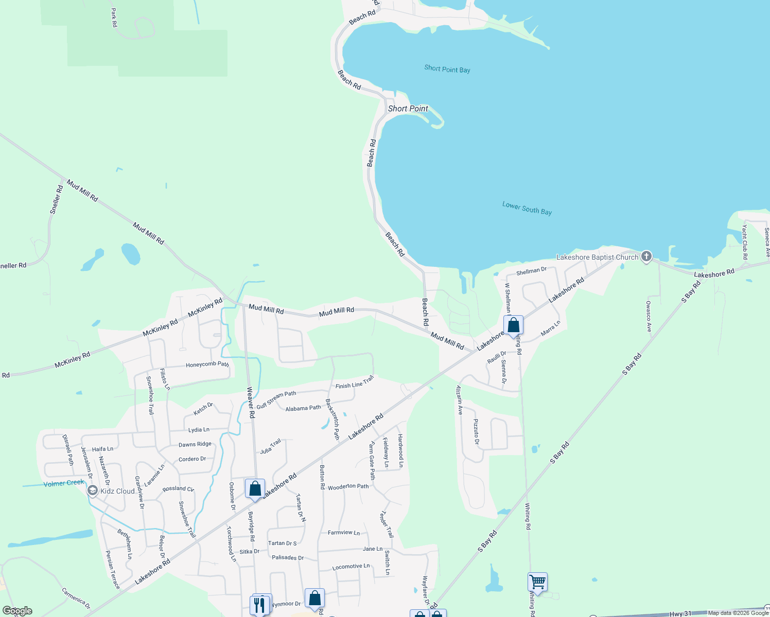 map of restaurants, bars, coffee shops, grocery stores, and more near 6351 Mud Mill Road in Brewerton