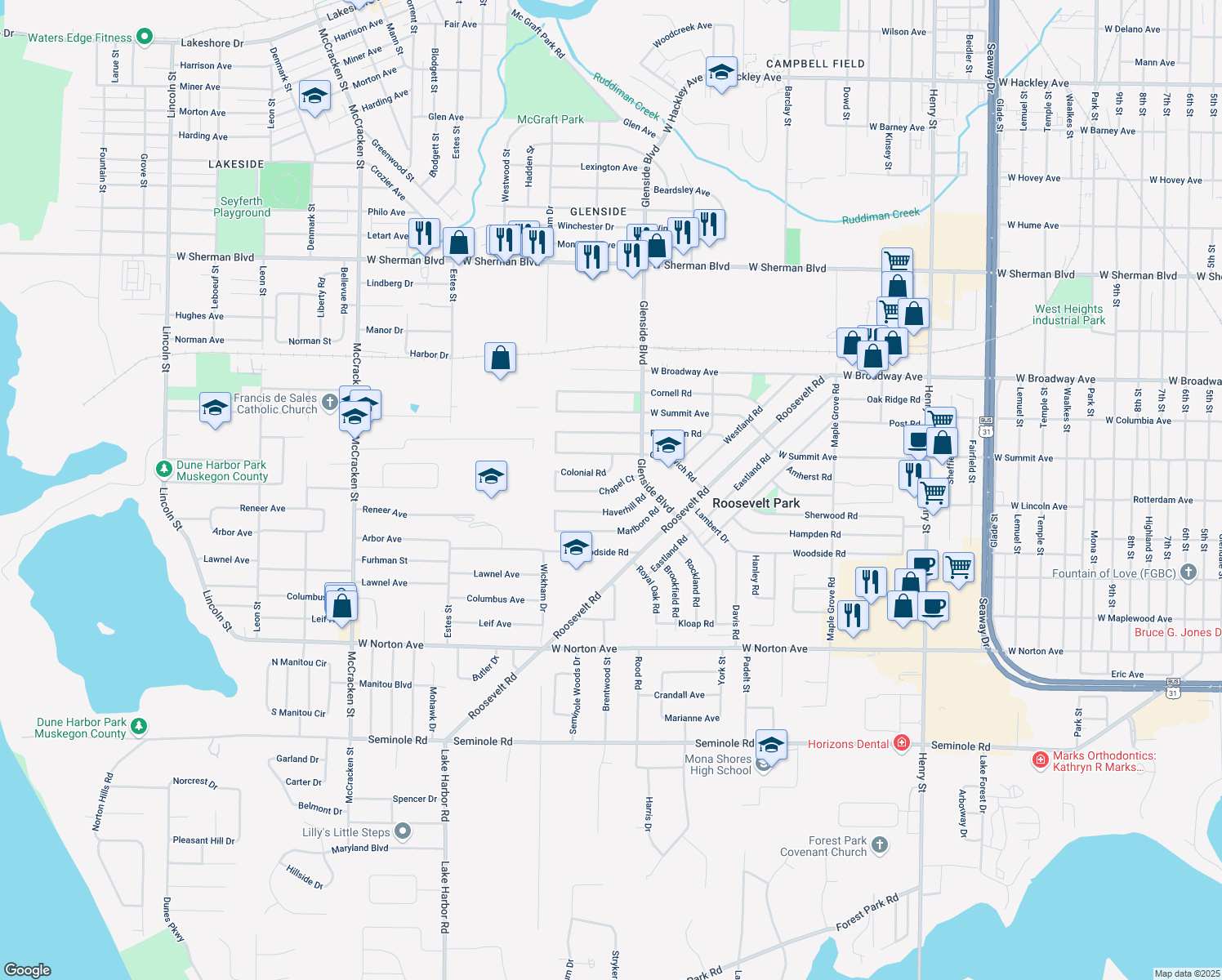 map of restaurants, bars, coffee shops, grocery stores, and more near 1460 Chapel Road in Muskegon
