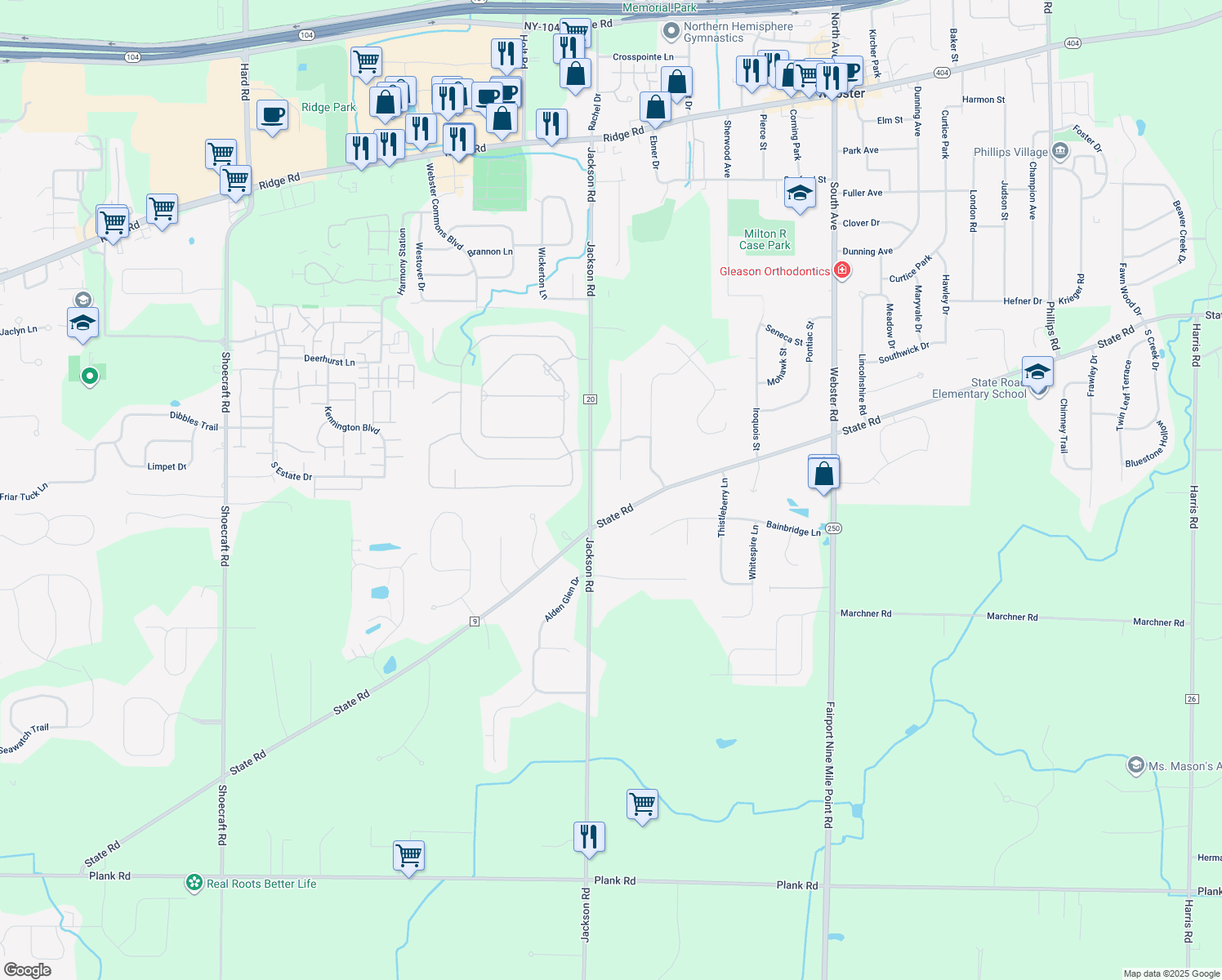map of restaurants, bars, coffee shops, grocery stores, and more near 1149 Stonegate Dr in Webster