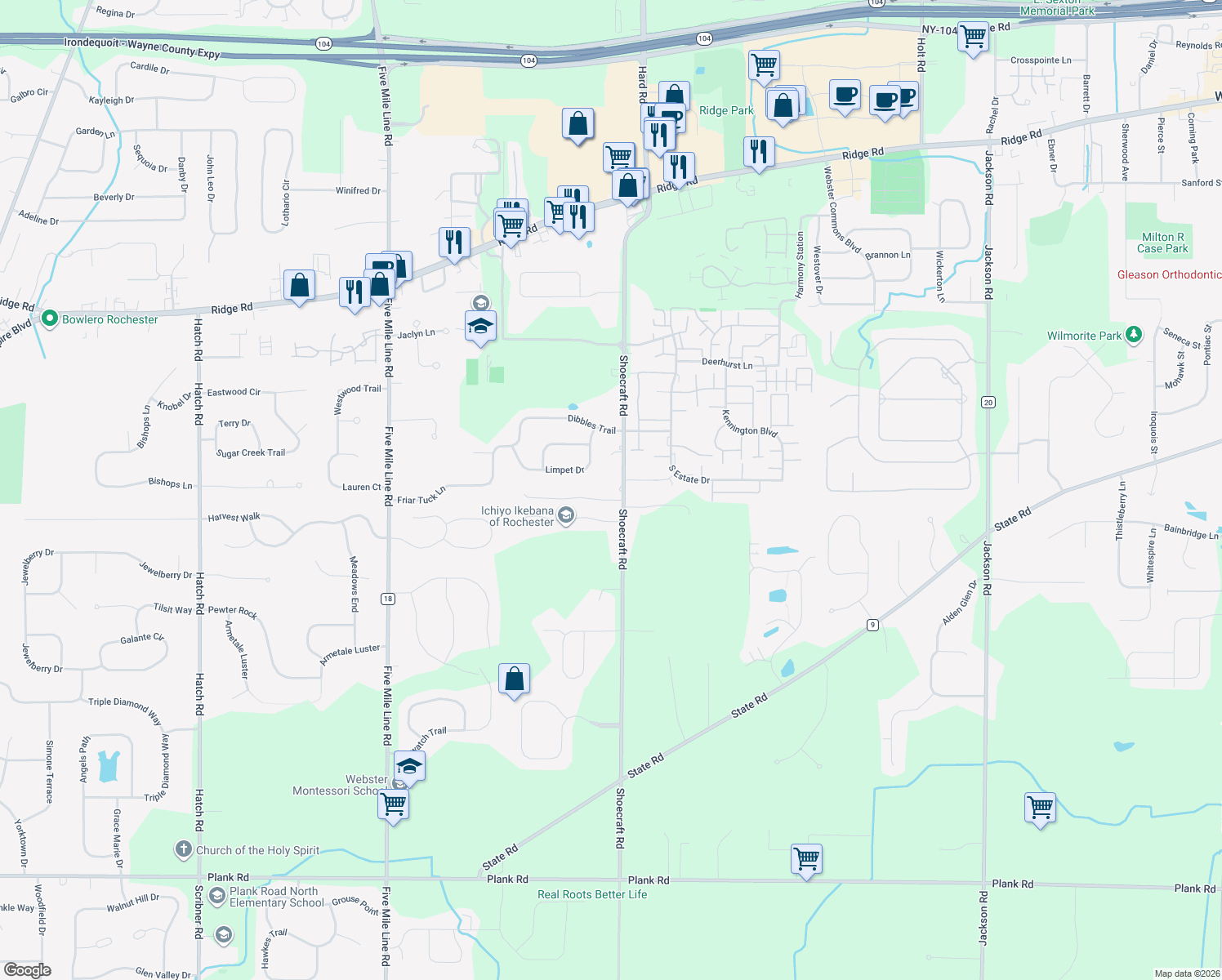 map of restaurants, bars, coffee shops, grocery stores, and more near 1151 Shoecraft Road in Webster