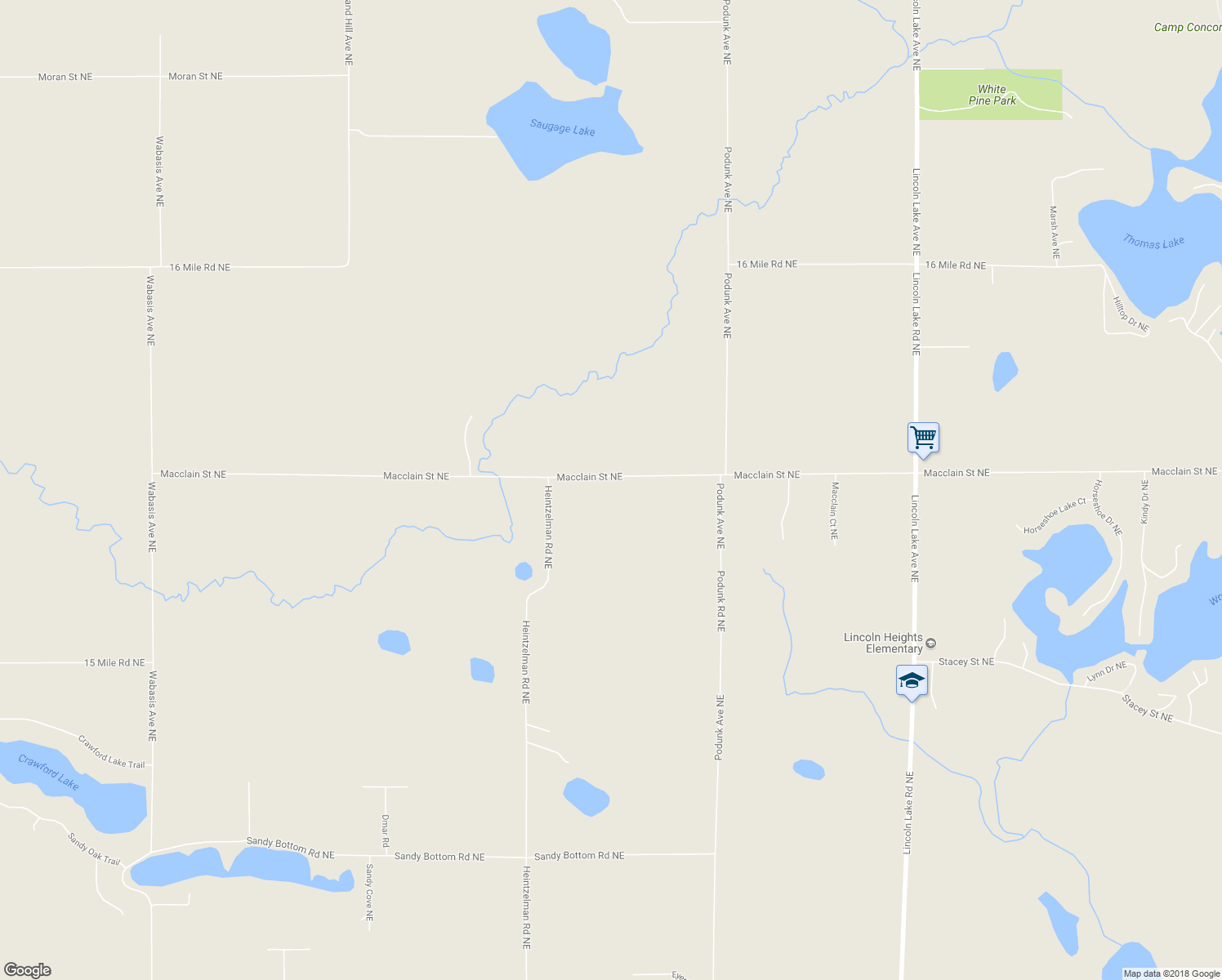map of restaurants, bars, coffee shops, grocery stores, and more near 12168 Macclain Northeast in Cedar Springs