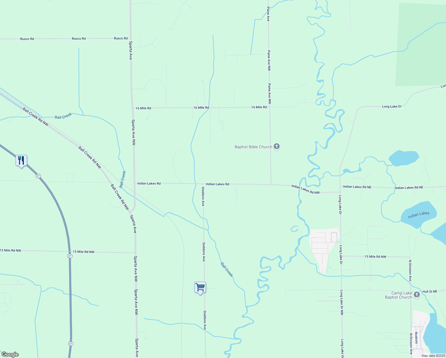 map of restaurants, bars, coffee shops, grocery stores, and more near 1091 Indian Lakes Road Northwest in Sparta