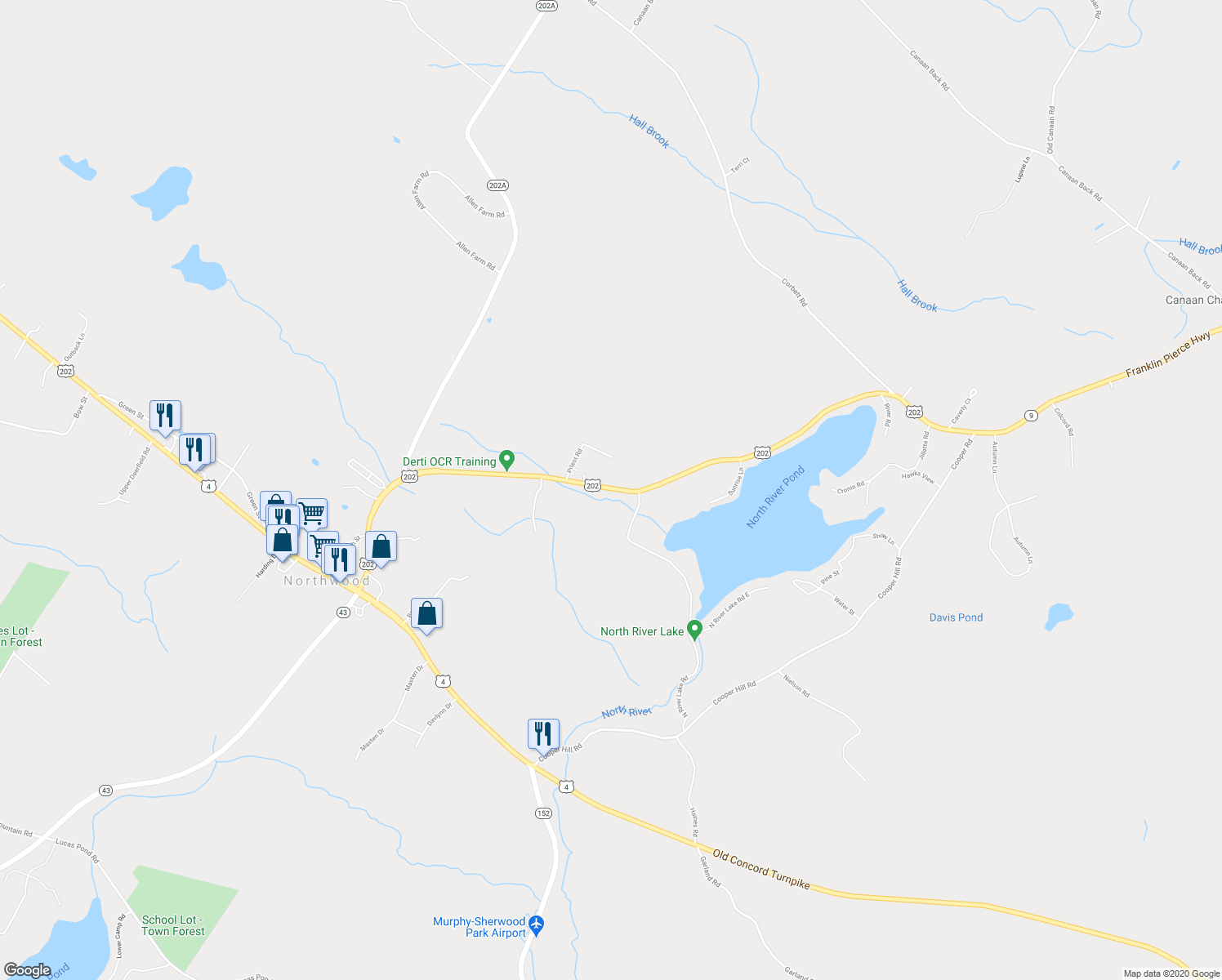 map of restaurants, bars, coffee shops, grocery stores, and more near 192 Rochester Road in Northwood