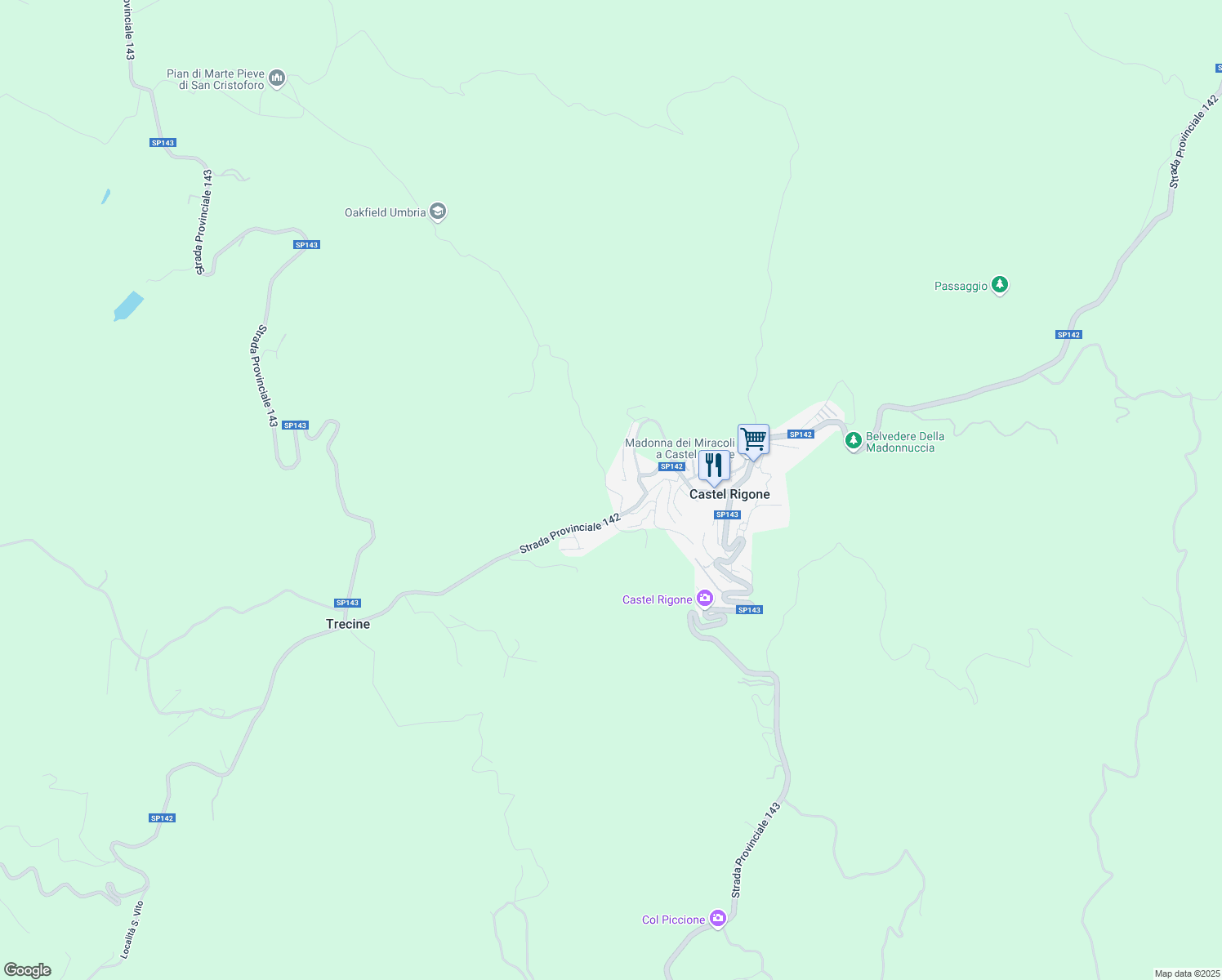 map of restaurants, bars, coffee shops, grocery stores, and more near 8 Via dei Cespugli in Castel Rigone