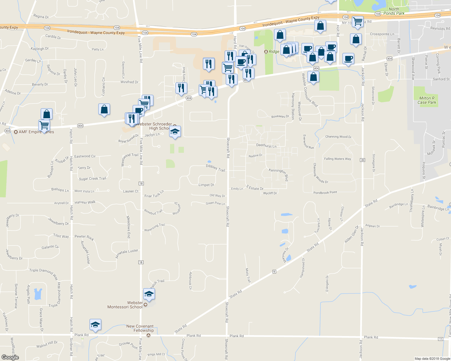 map of restaurants, bars, coffee shops, grocery stores, and more near 1137 Shoecraft Road in Webster