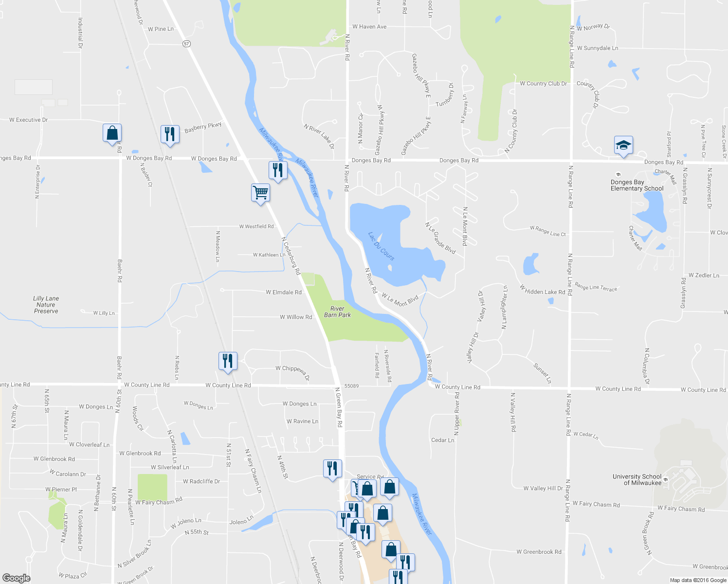 map of restaurants, bars, coffee shops, grocery stores, and more near 9941 N River Rd in Mequon