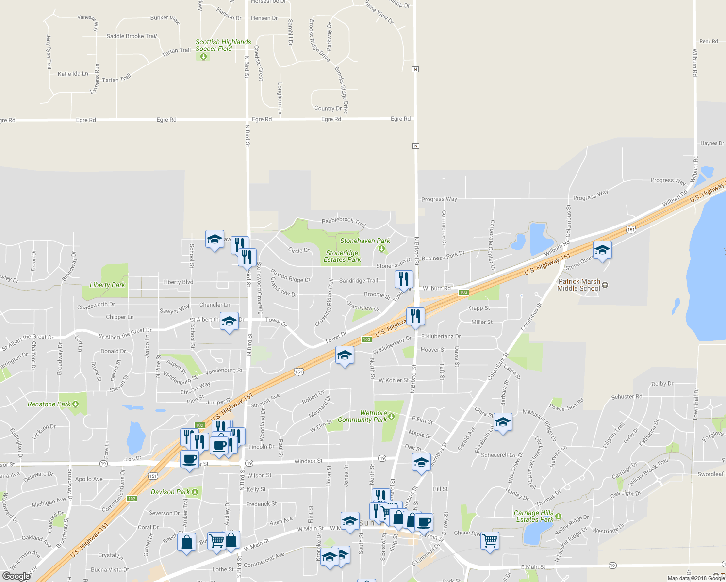 map of restaurants, bars, coffee shops, grocery stores, and more near 160 Broome Street in Sun Prairie
