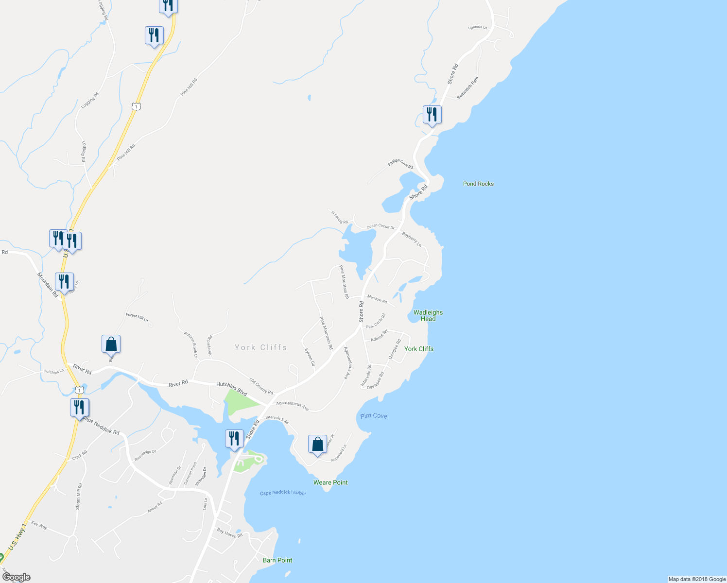 map of restaurants, bars, coffee shops, grocery stores, and more near 211 Shore Road in York