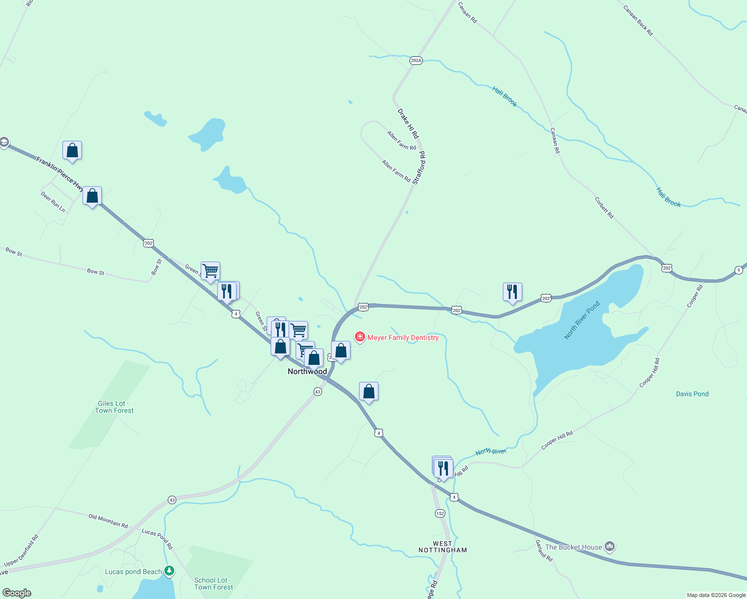 map of restaurants, bars, coffee shops, grocery stores, and more near 91 Rochester Road in Northwood