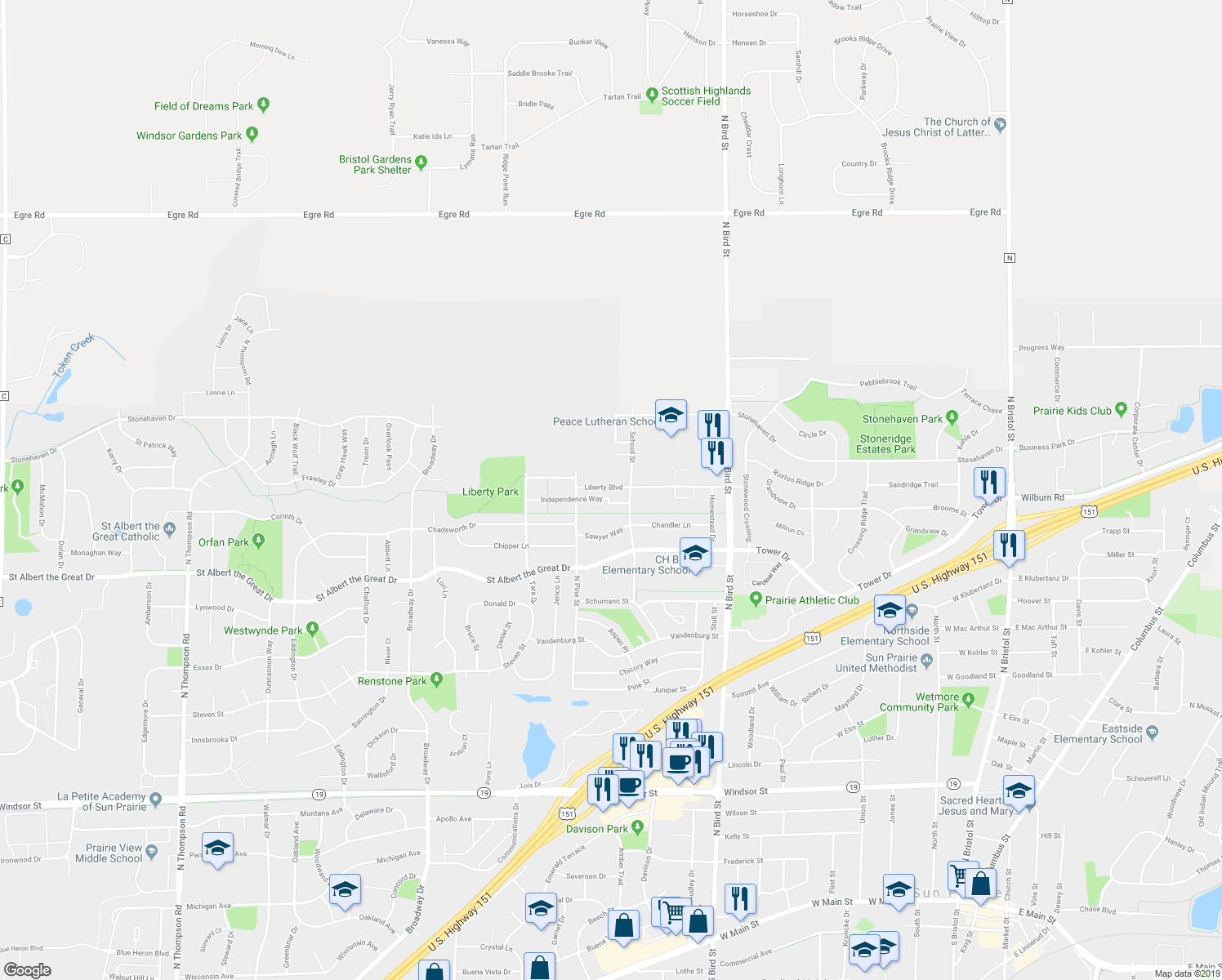 map of restaurants, bars, coffee shops, grocery stores, and more near 1246 School Street in Sun Prairie